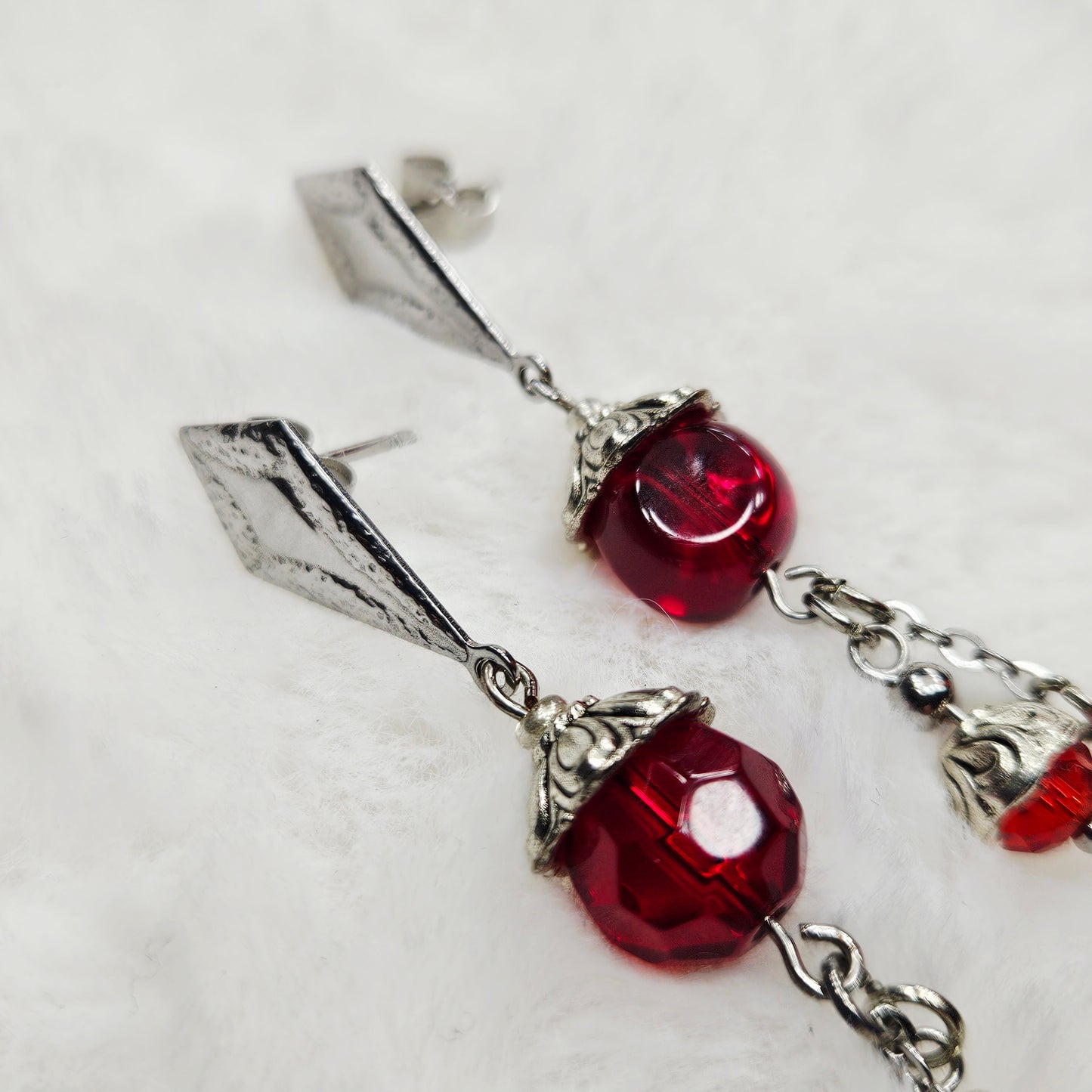 Deep Red Fire-polished Czech Glass Stud Dangle Earrings