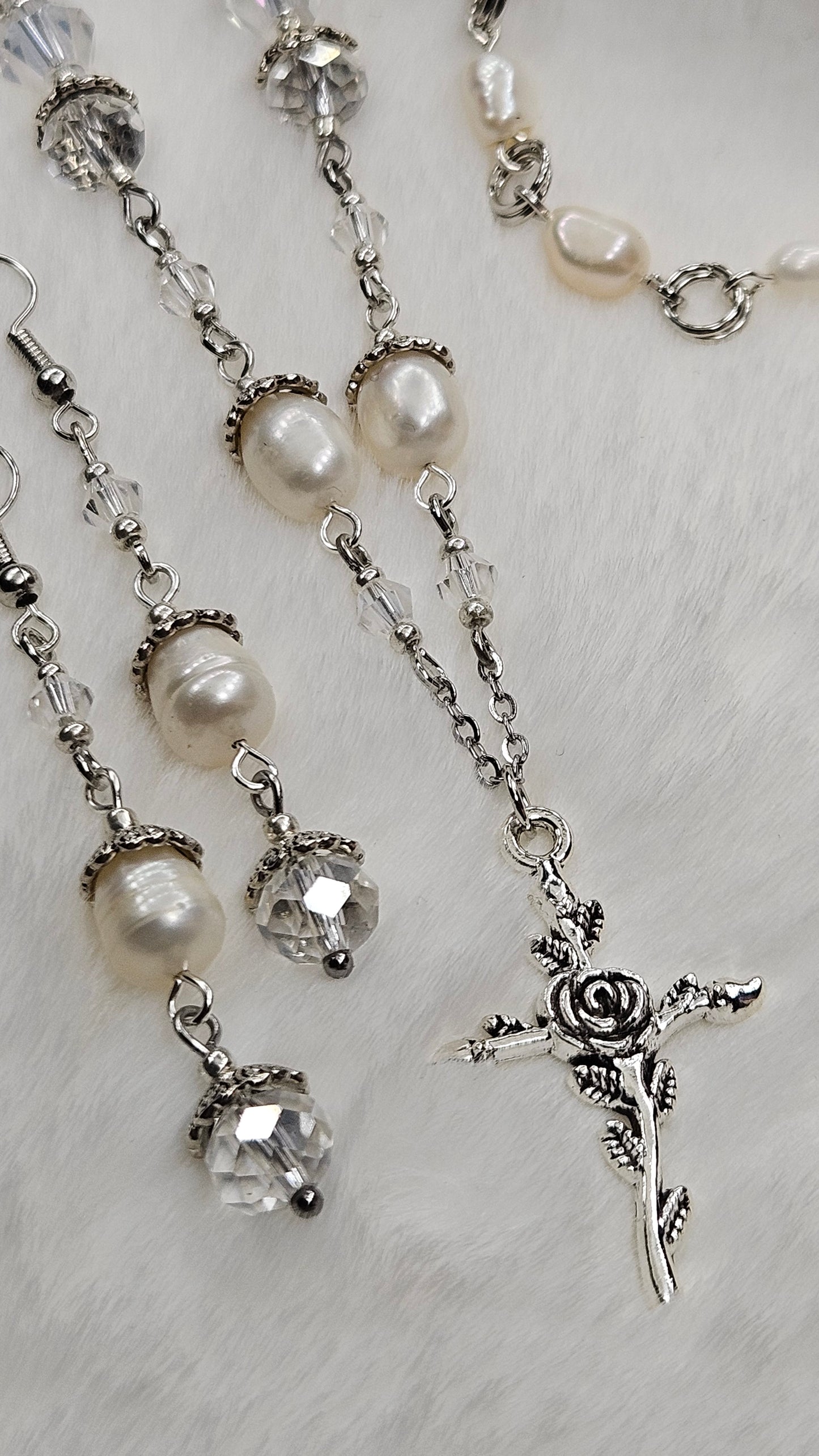 Silver Risen Rose Cross Set - Rose Cross Pendant Necklace with Crystal & Freshwater Pearls Earrings & Bracelet