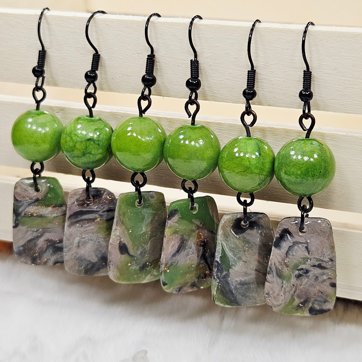 Lime Green Camouflage Polymer Clay Paddle Earrings