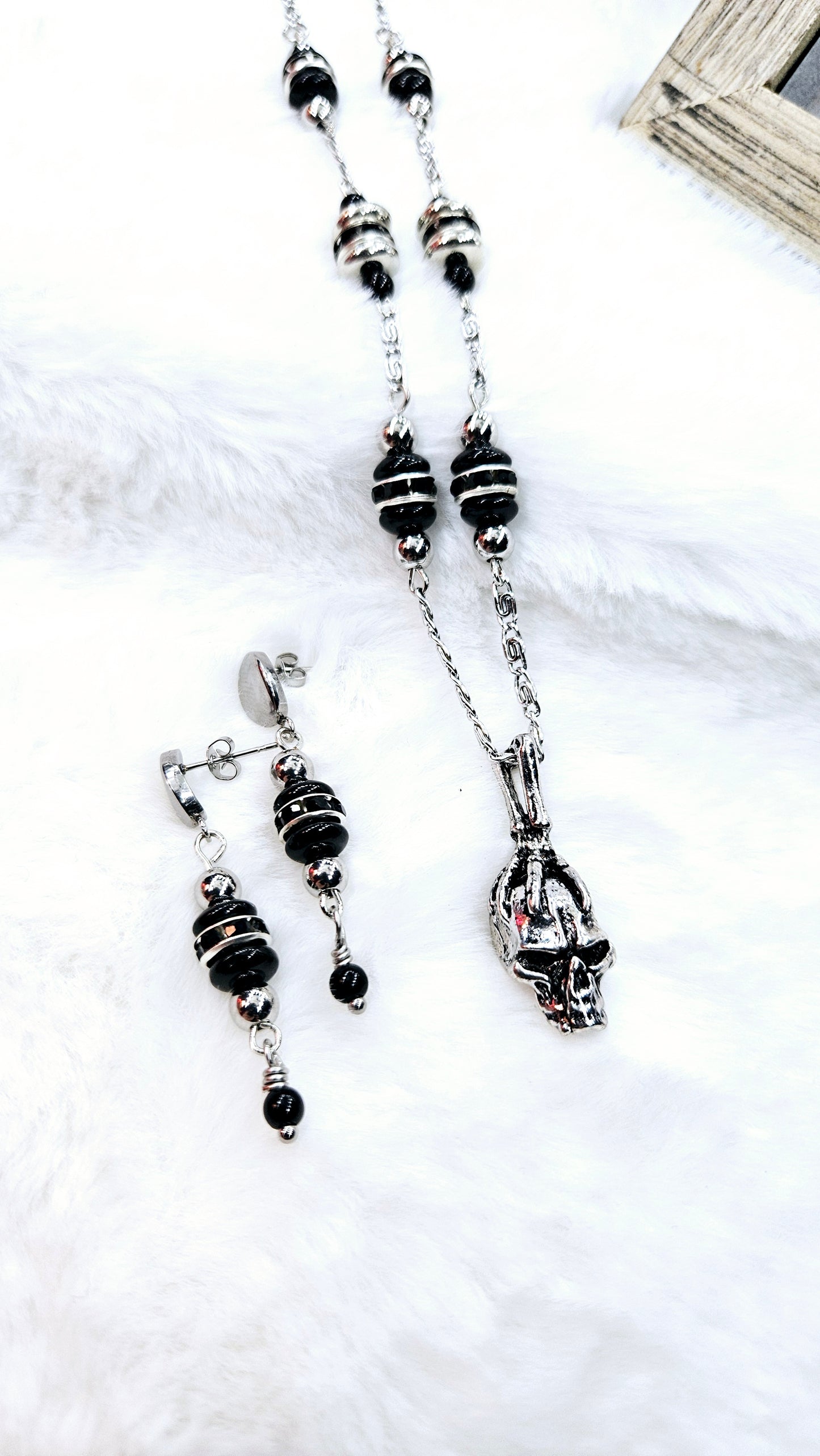 Black & Silver Skull Set: Skeleton Hand Gripping Skull Pendant Necklace with Black & Silver Beads, matching Earrings