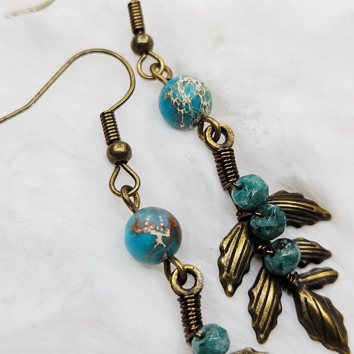 Blue Dalmation Jasper and Imperial Jasper Antiqued Brass Branch Dangles