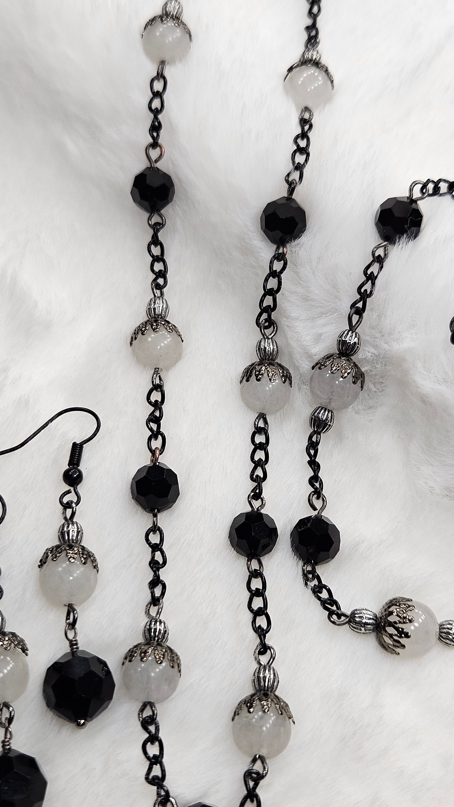 Modern Vintage Black Chain Necklace, Earrings and Bracelet with White Jade and Black Crystals