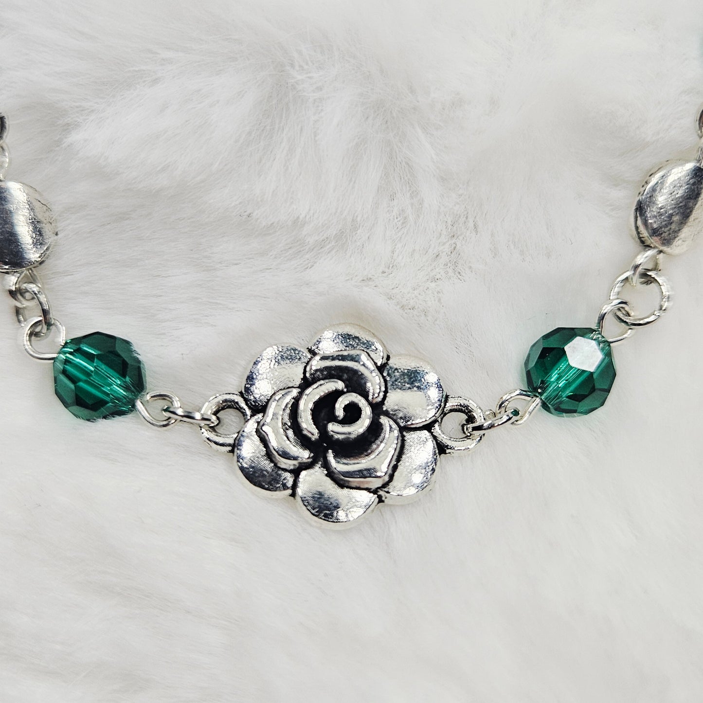 Silver Rose Bracelet with Emerald Austrian Crystals