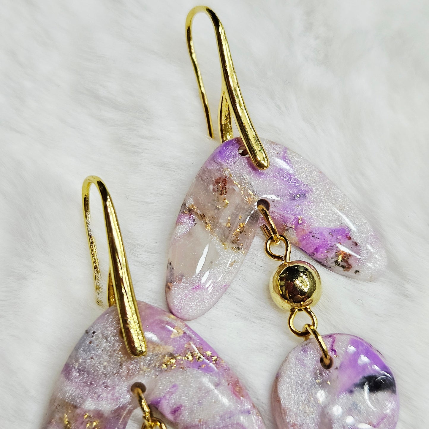 Purple Polymer Clay Marble Dangle Earrings in Gold