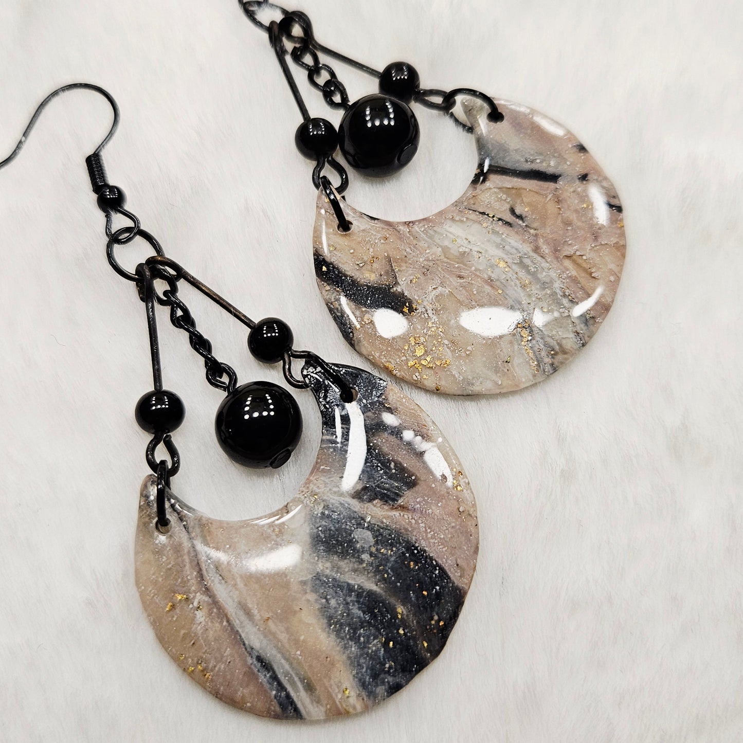 Black and Brown Gold Flake Marble Crescent Polymer Clay Earrings with Black Chain