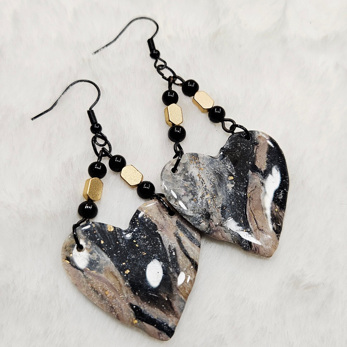 Black and Brown Gold Flake Marble Heart Polymer Clay Earrings with Black and Gold Beads