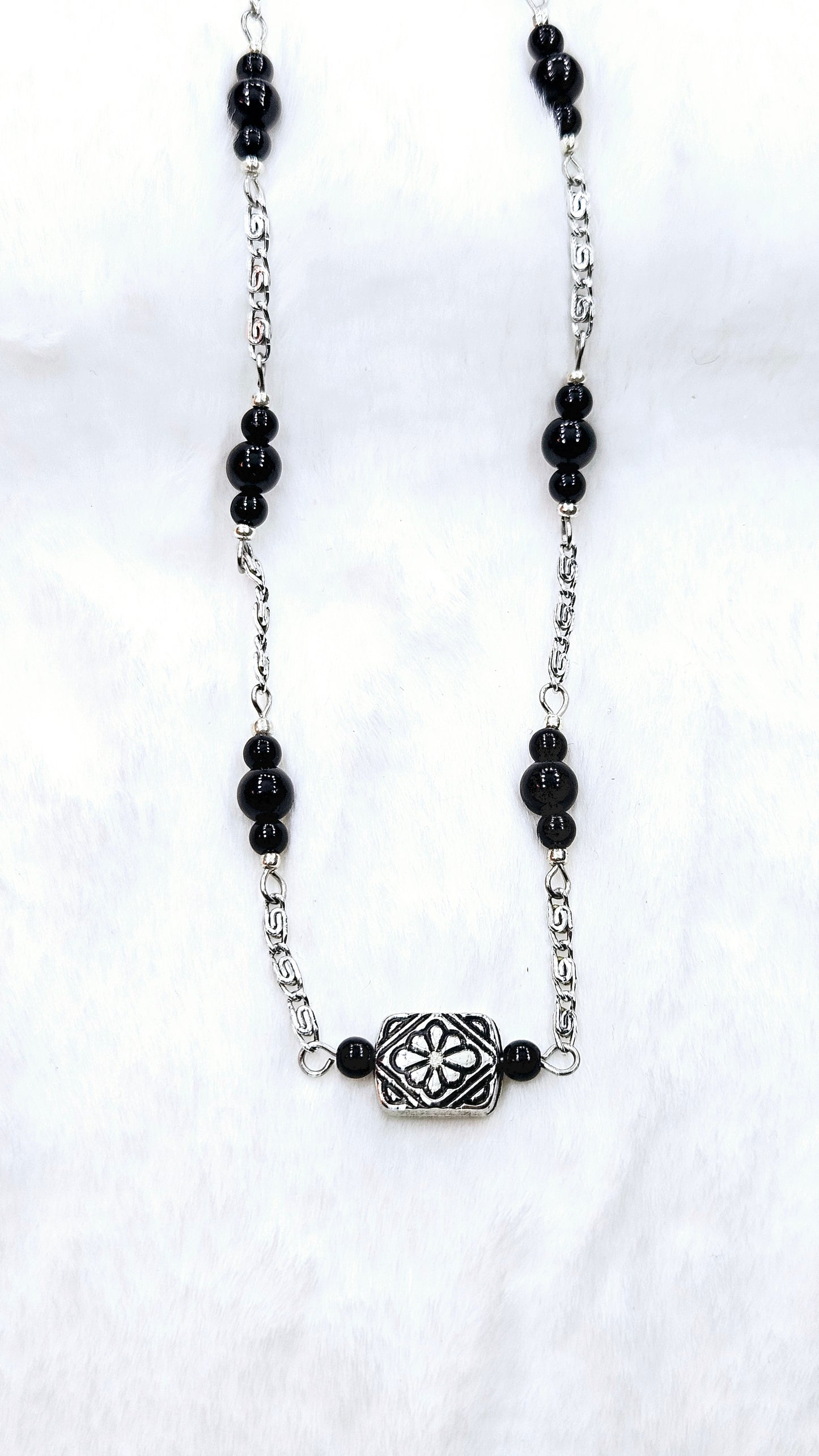 Scrollwork Silver & Black Set: Aged Silver Scrollwork Chain Necklace and Matching Earrings