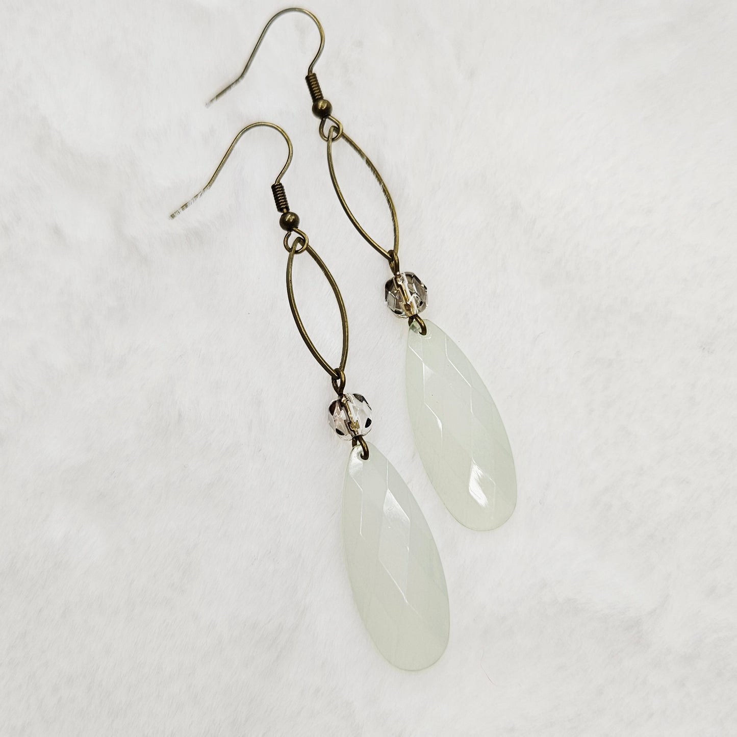 Long Antiqued Brass and Smokey Crystal Earrings with Ivory Gem Cut Teardrop Dangles