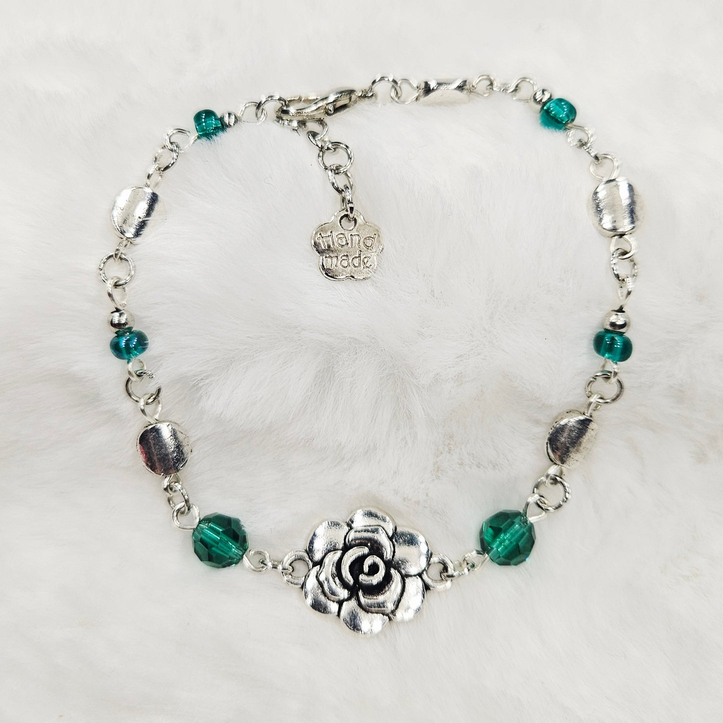 Silver Rose Bracelet with Emerald Austrian Crystals