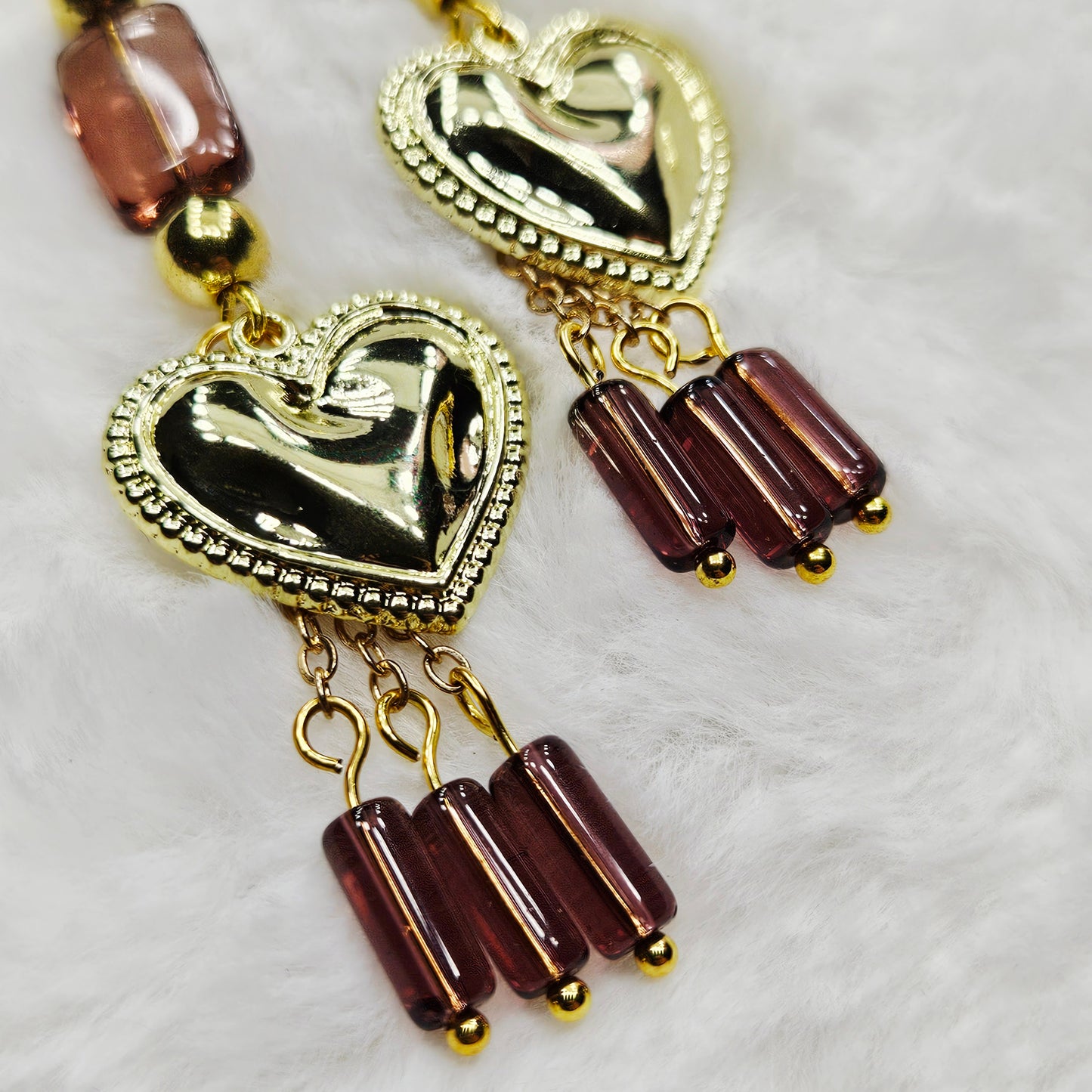 Golden Heart Charm Earrings with Dark Mauve Glass Dangles on Gold Chain - 3¼"
