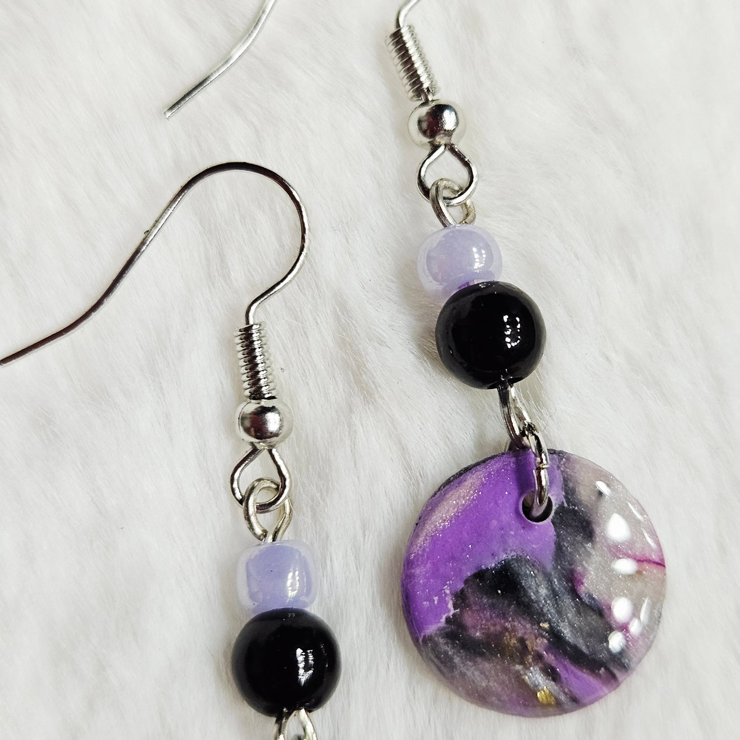 Purple Polymer Clay Marble Danngle Earrings with Black & Light Purple Beads in Silver