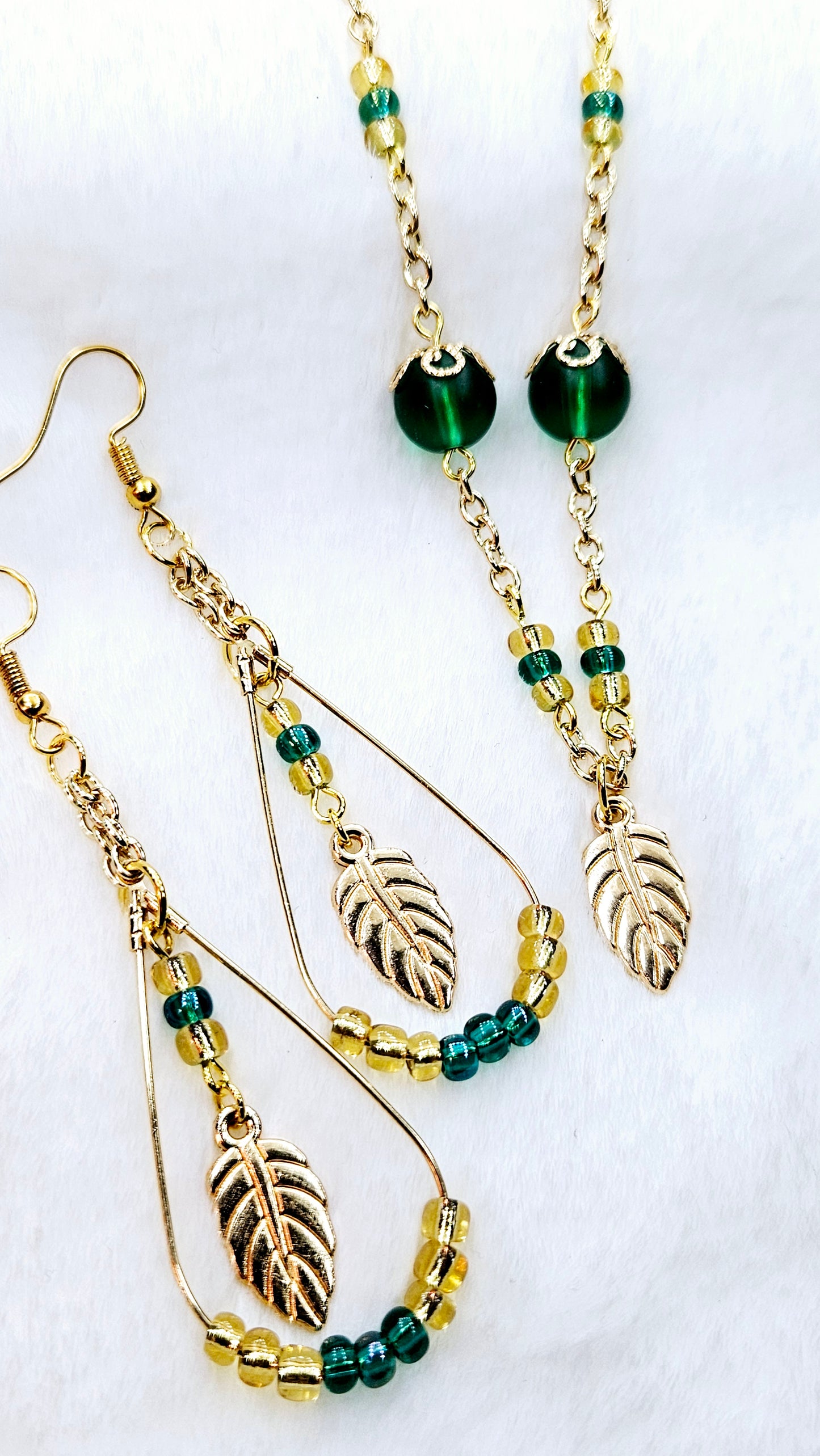 Gallant Golden Leaves Set: Golden Leaf Pendant Necklace & Earrings with Gold Teardrop Hoops
