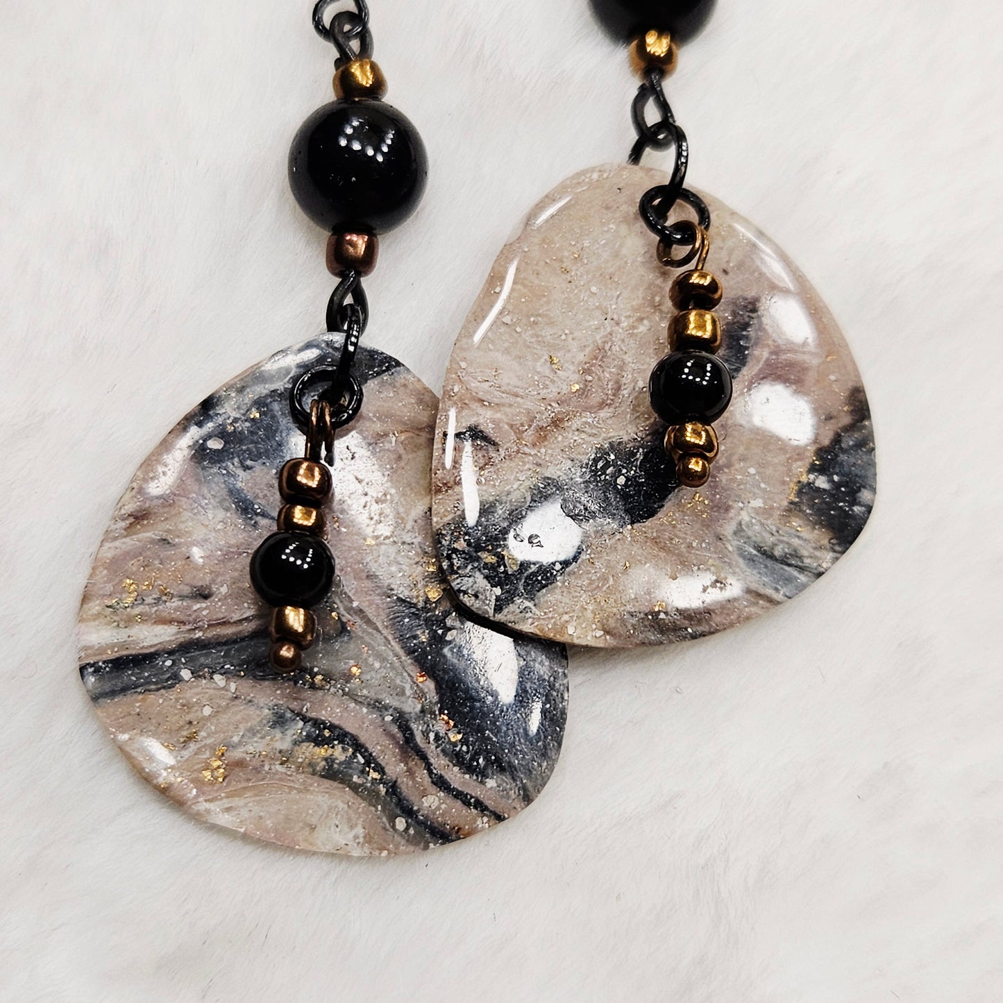 Black and Brown Gold Flake Marble Polymer Clay Earrings with Black Bead Dangles