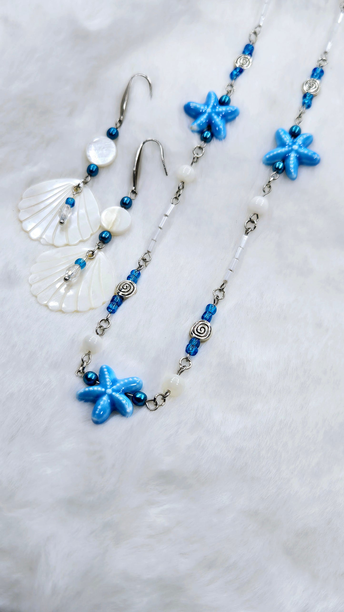 Caribbean Calm Set: Blue Starfish Pendant Necklace with Pearlescent Clam Shell Earrings