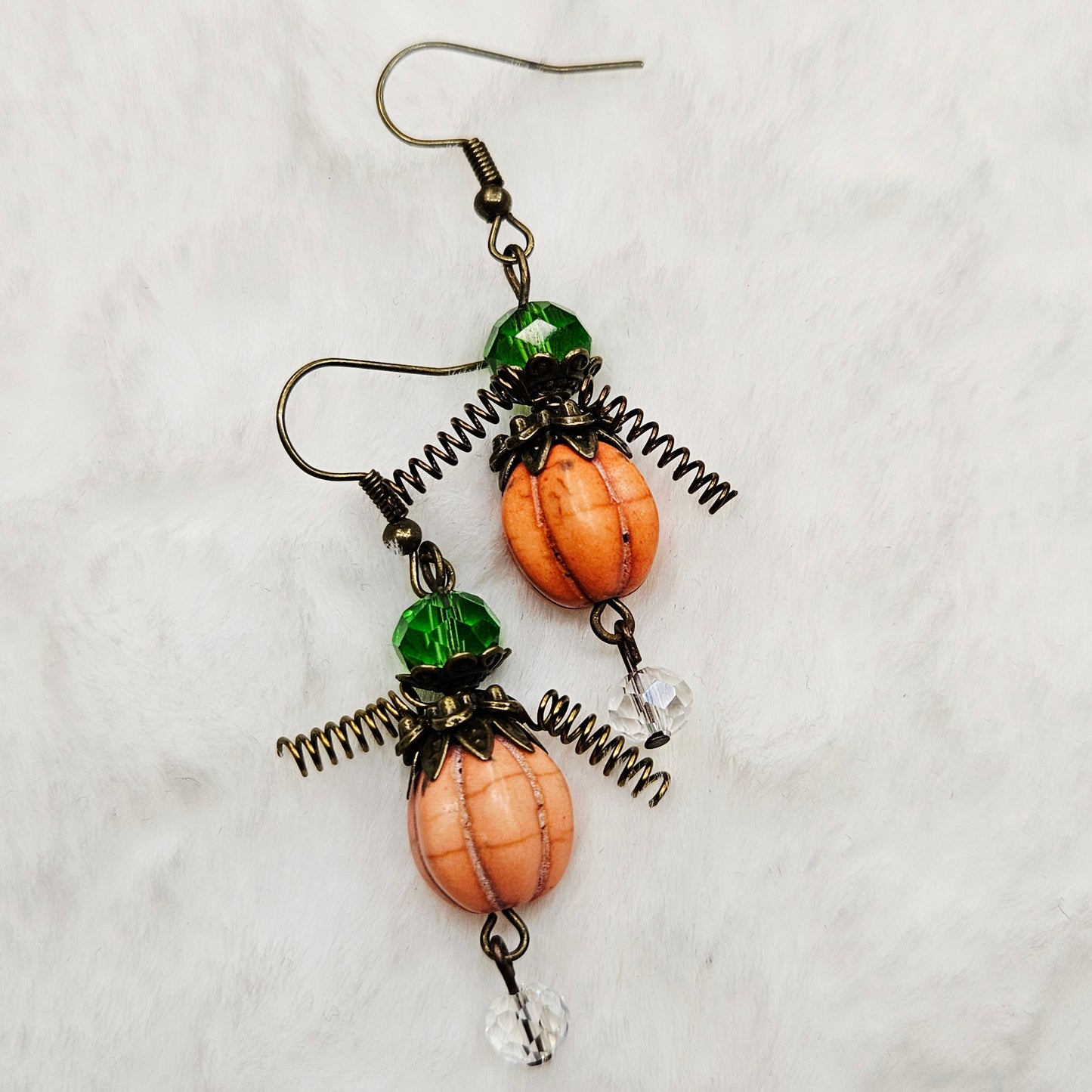 Orange Pumpkin Men Earrings with Round Crystal Dangles