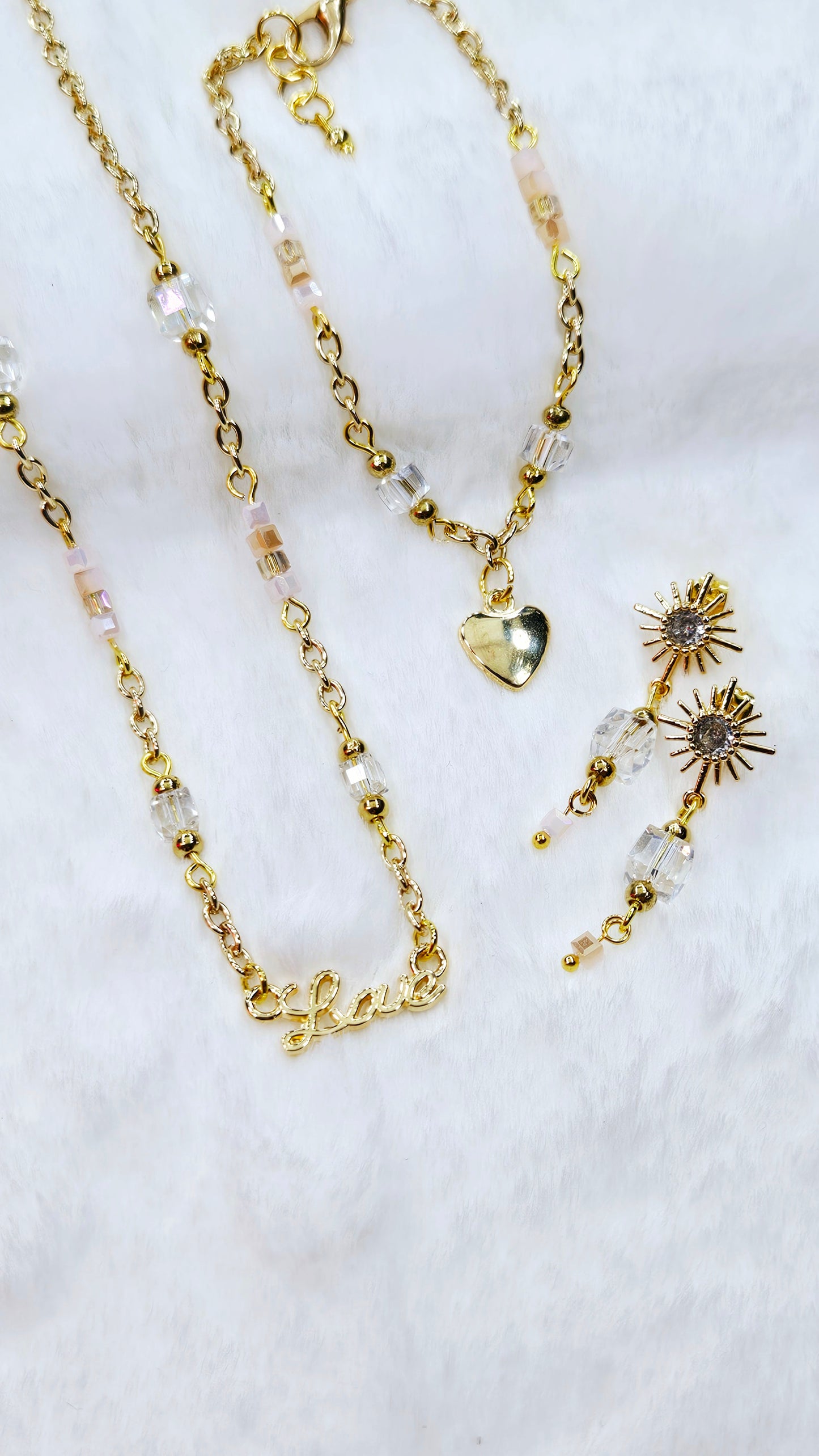 Love in Luxury Set: Gold Love Pendant Necklace, Heart Charm Bracelet, and Square Crystal Stud Dangle Earrings
