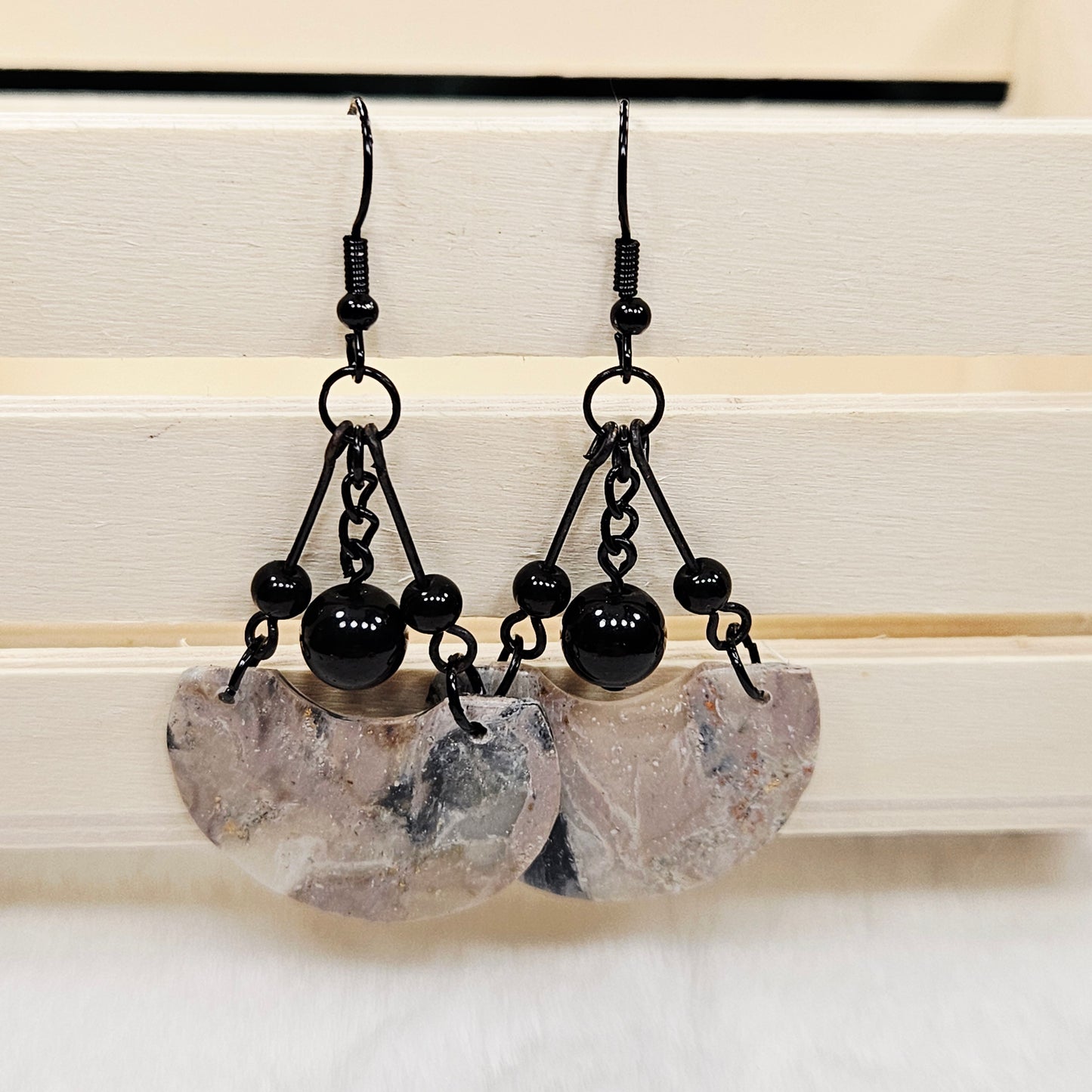 Black and Brown Gold Flake Marble Cut Crescent Polymer Clay Earrings with Black Chain