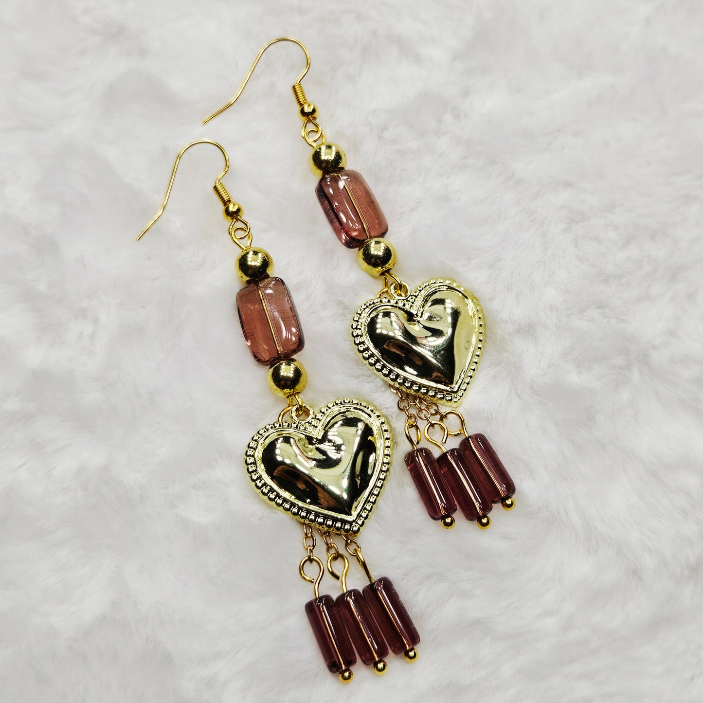 Golden Heart Charm Earrings with Dark Mauve Glass Dangles on Gold Chain - 3¼"