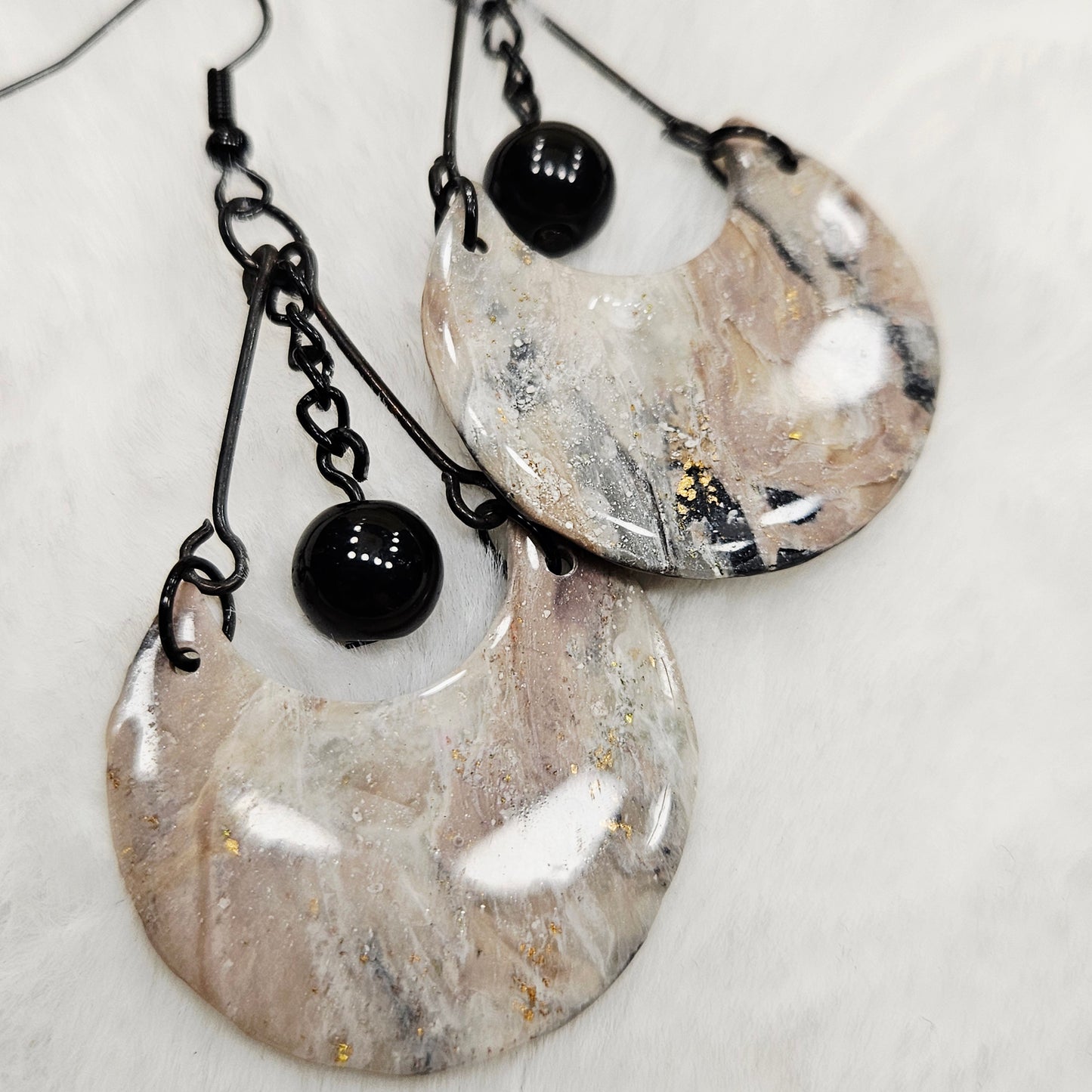 Black and Brown Gold Flake Marble Crescent Polymer Clay Earrings with Black Chain