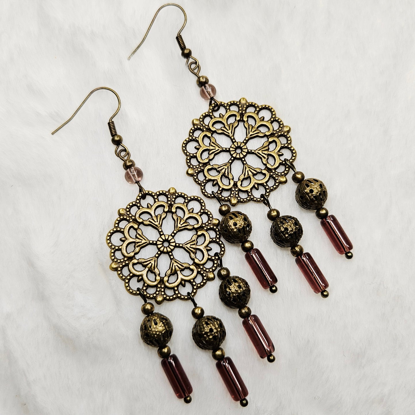 Round Antique Brass Tibetan Filigree Rhombus Chandelier Earrings with Smokey Purple Dangles