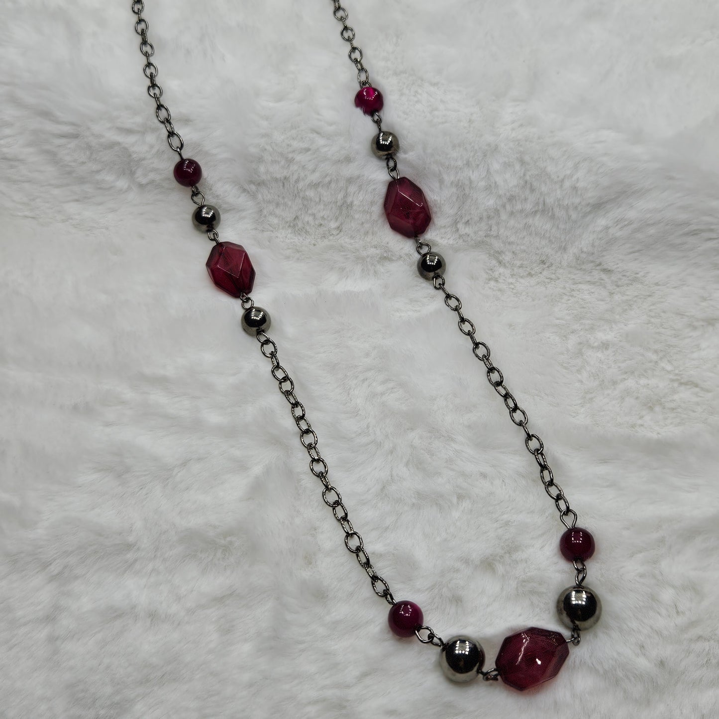 Long Gunmetal Black Chain and Dark Pink Beaded Necklace