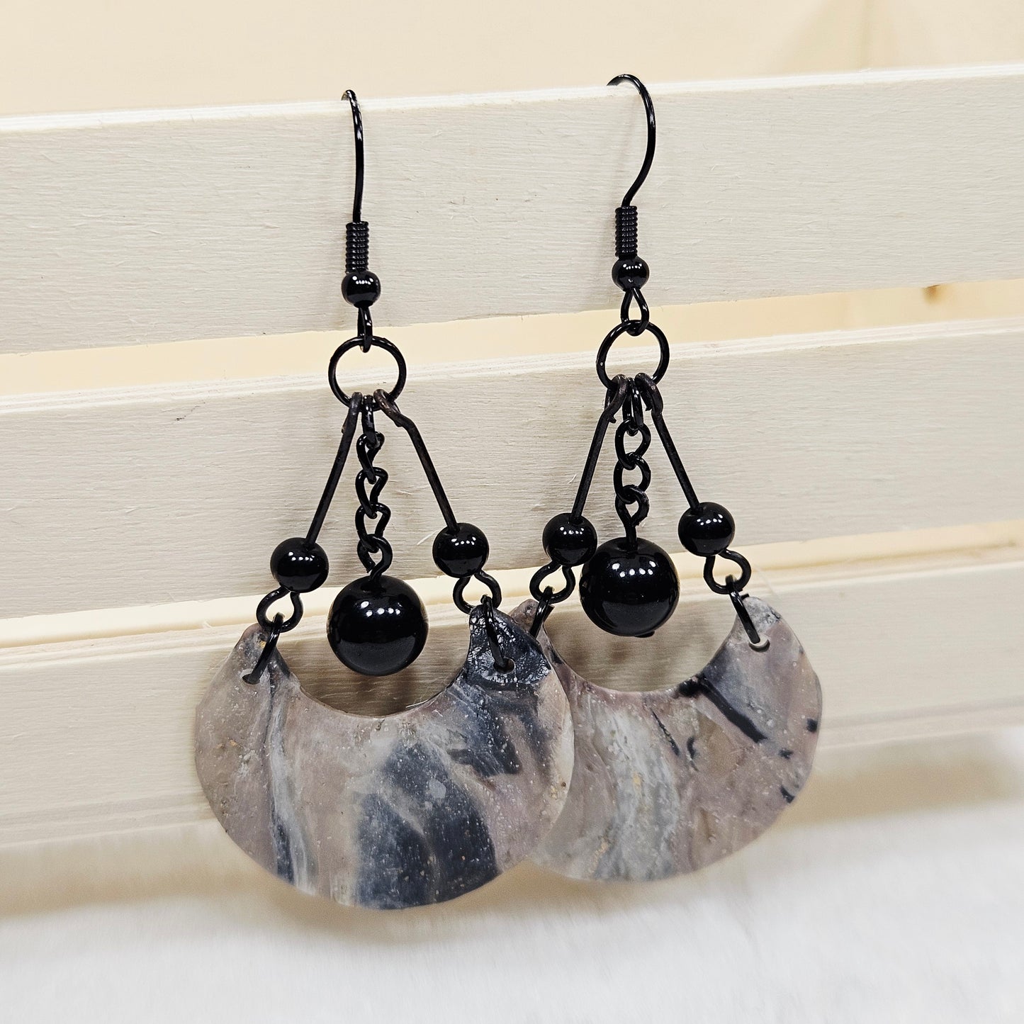 Black and Brown Gold Flake Marble Crescent Polymer Clay Earrings with Black Chain