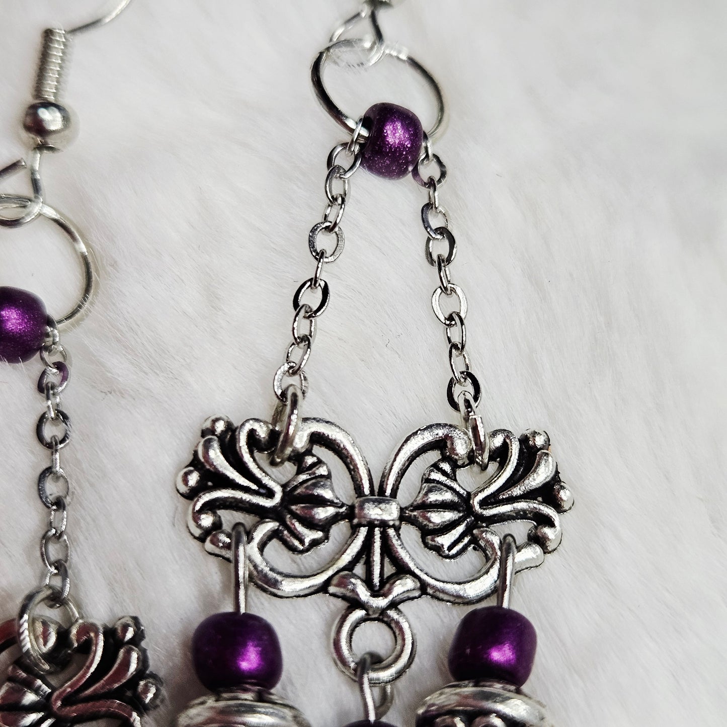Tibetan Silver Chandelier Earrings on Chain with Purple Dangles
