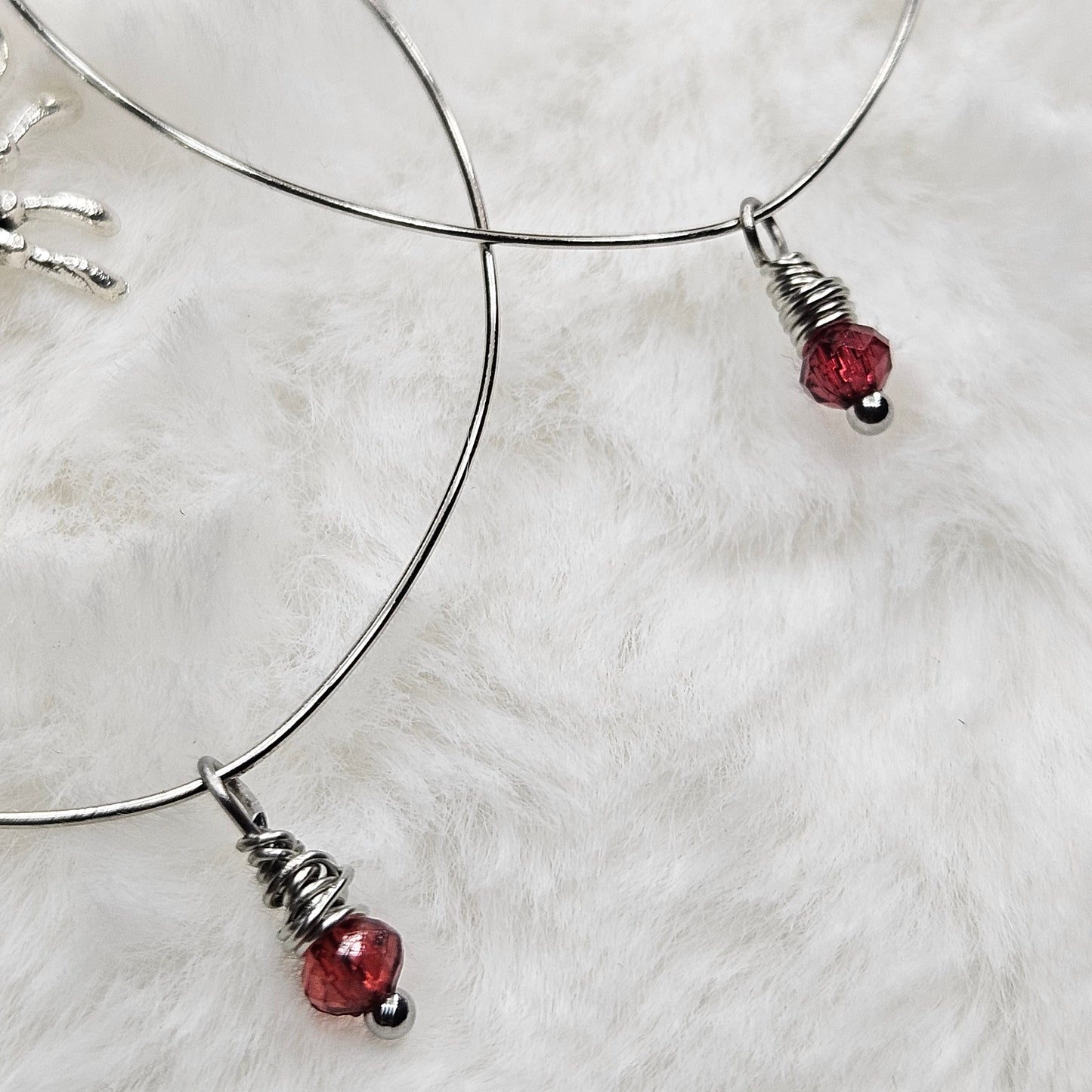 Silver Stainless Steel Hoops with Spider Dangles and Tiny Red Accents - 3½"