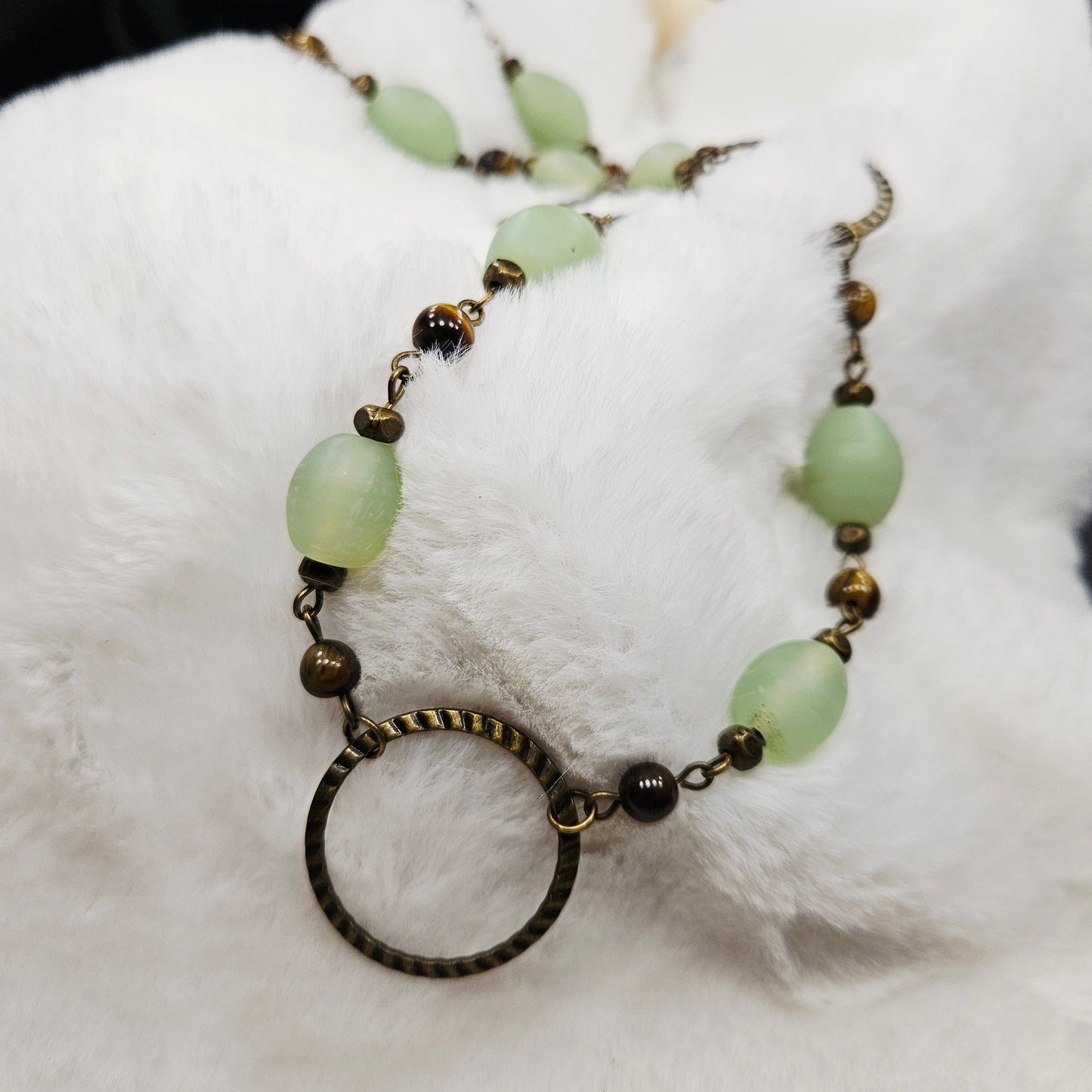 Tigers Eye and Green Frosted Glass Necklace in Antiqued Brass