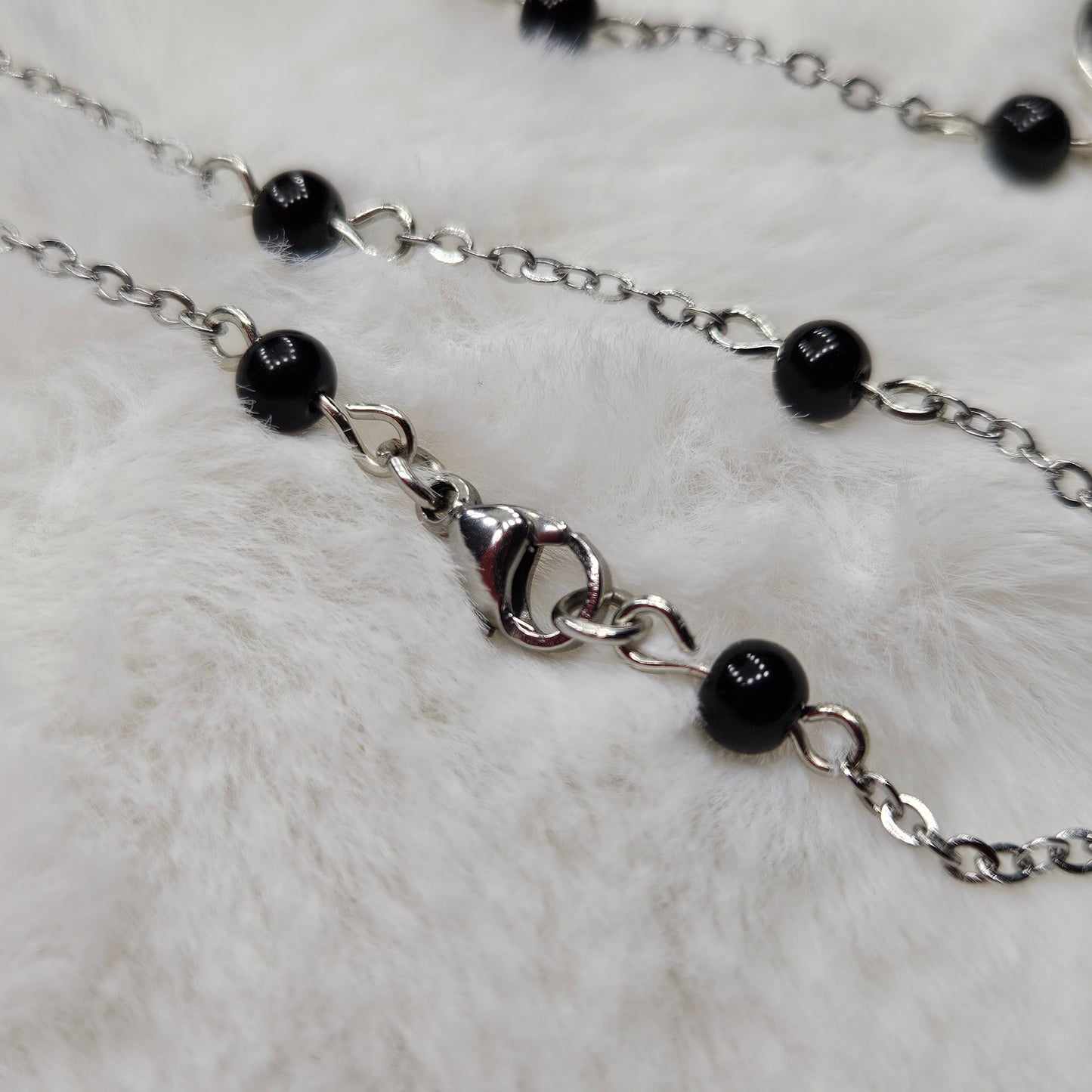 Black Hole Sun Beaded Silver Chain Necklace with Polished Black Glass - 16"