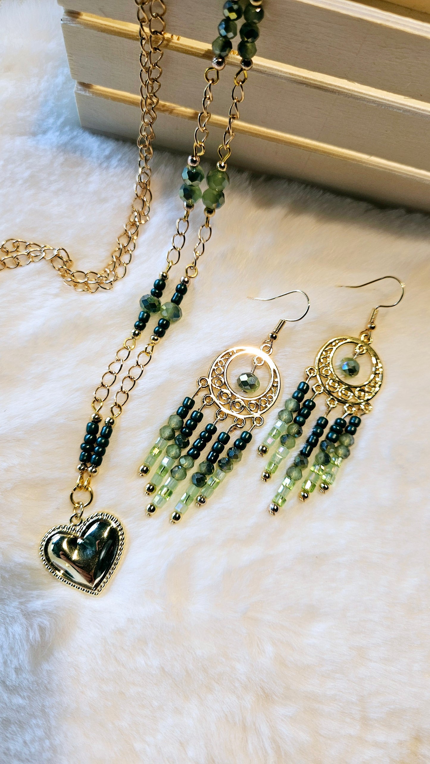 Gorgeous Greens Set - Golden Heart Pendant Necklace & Matching Chandelier Earrings