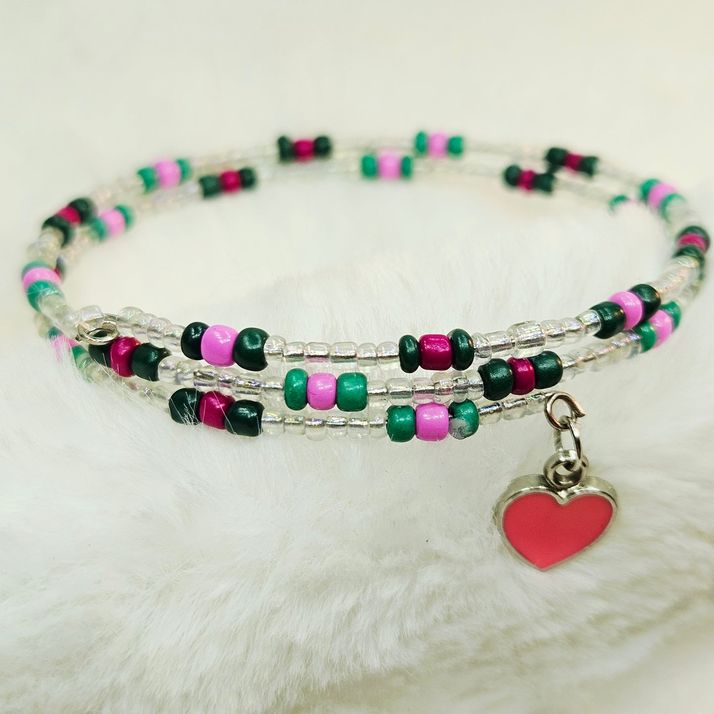 Precious Pink and Green Seed Bead Wrap Bracelet with Pink Heart Charm
