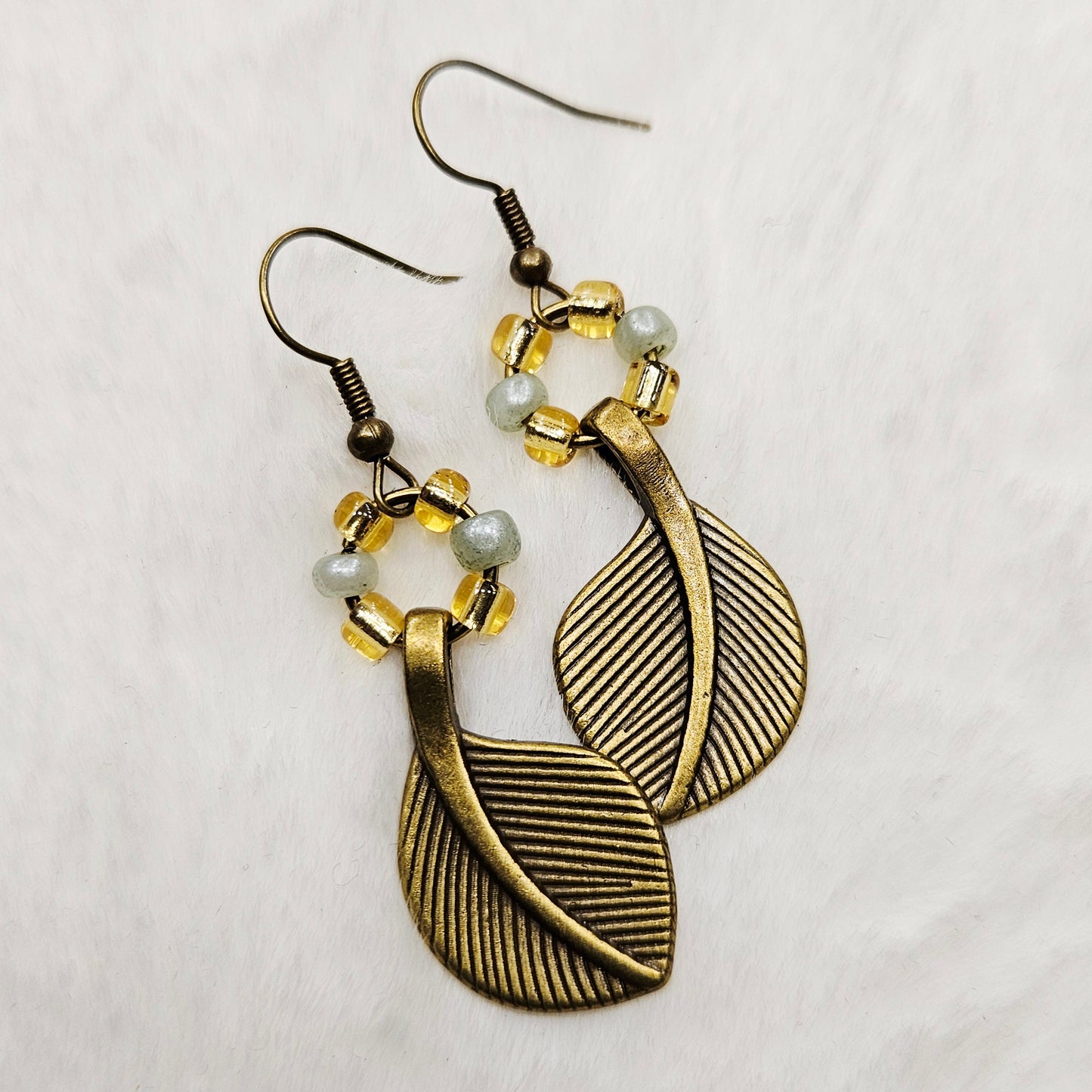Golden Yellow and Pale Green Leaf Dangle Earrings