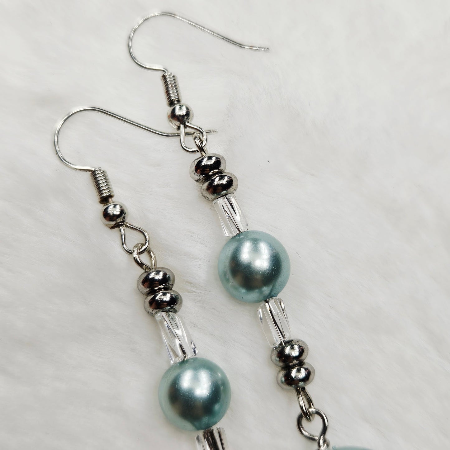 Classy Light Blue Pearls and Twisted Glass Dangle Earrings