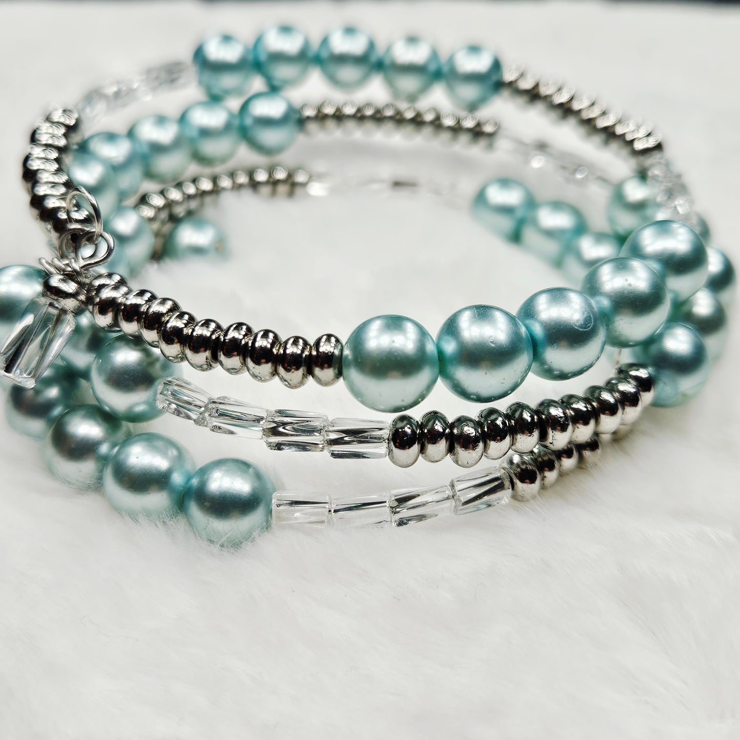Cool Blue Pearl Wrap Bracelet and Earrings Set