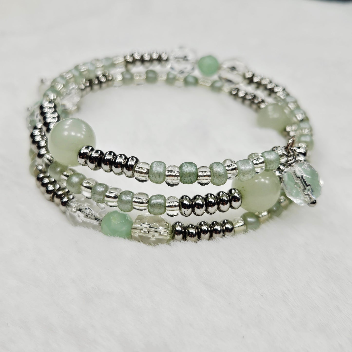 Silver and Pale Green Wrap Bracelet with Clear Crystal