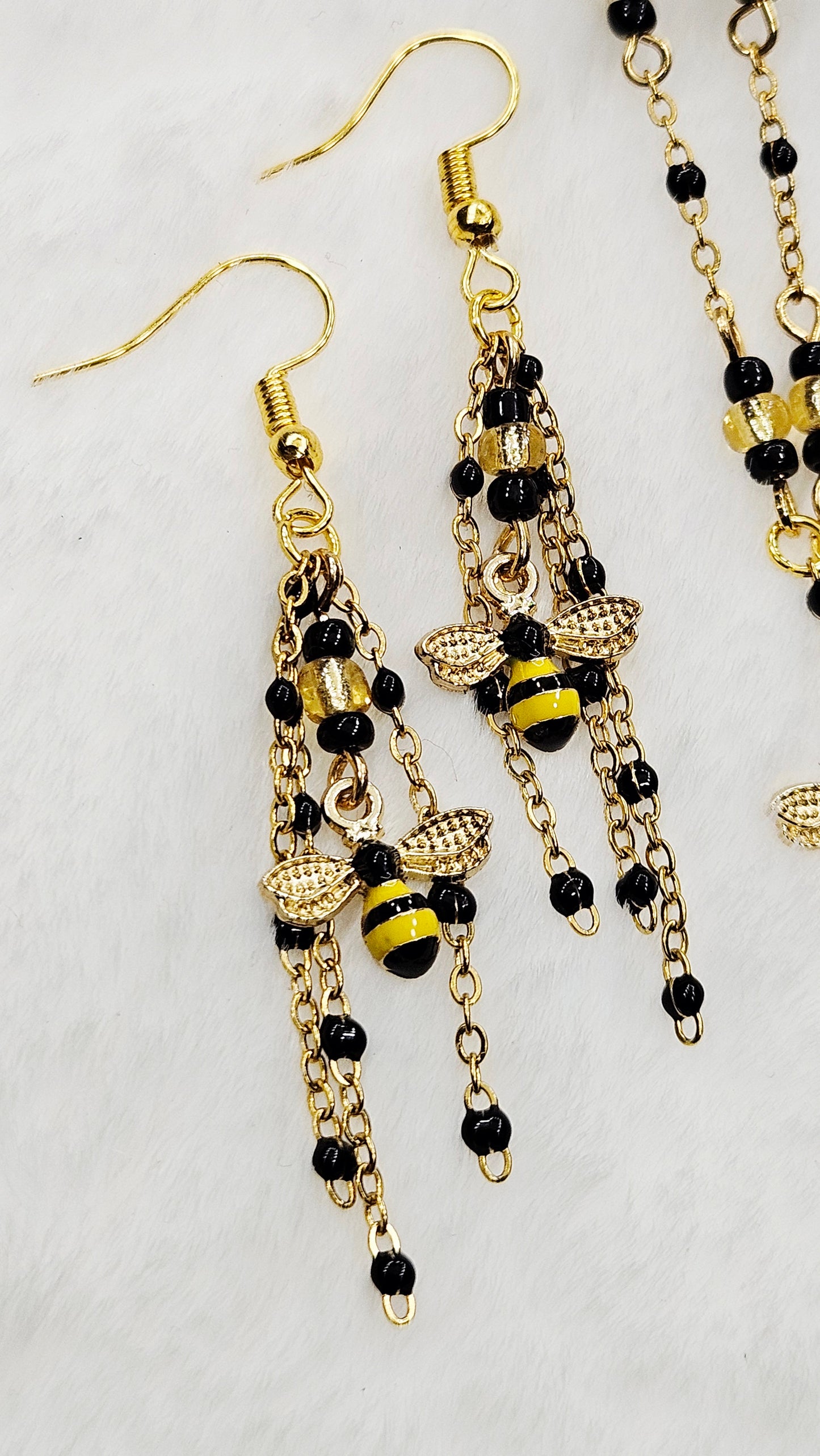 Busy Lil Bee's Full Set - Black and Yellow Bee Charms on Black and Gold Chain Necklace, Earrings and Bracelet