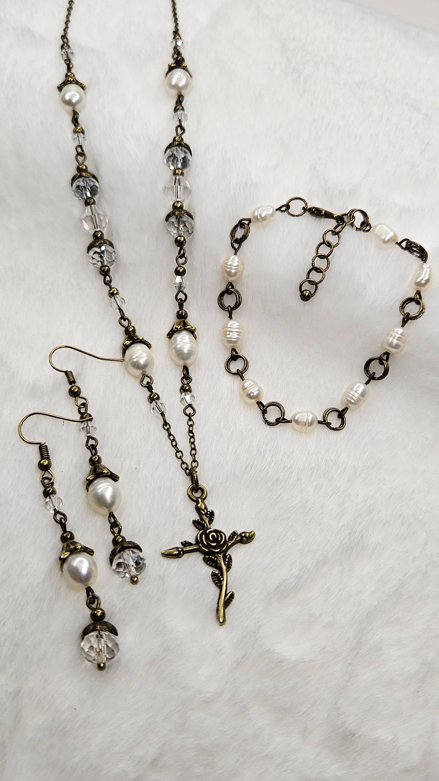 Antique Brass Risen Rose Cross Set - Rose Cross Pendant Necklace with Crystal & Freshwater Pearls Earrings & Bracelet