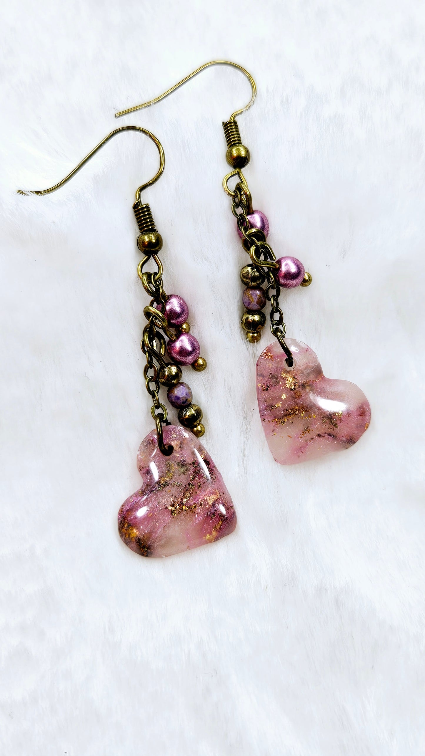 Pink Passion Marbled Clay Hearts with Gold Fleck on Brass Dangle Earrings