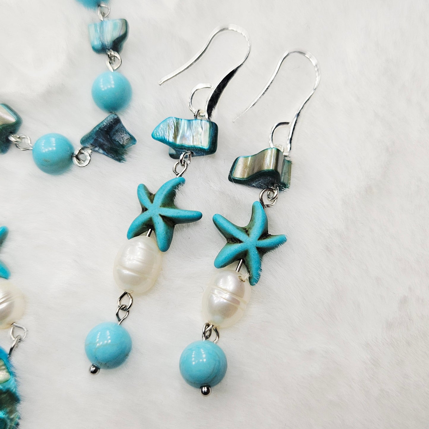 Turquoise Starfish Mother of Pearl Shell and Freshwater Pearl Earrings
