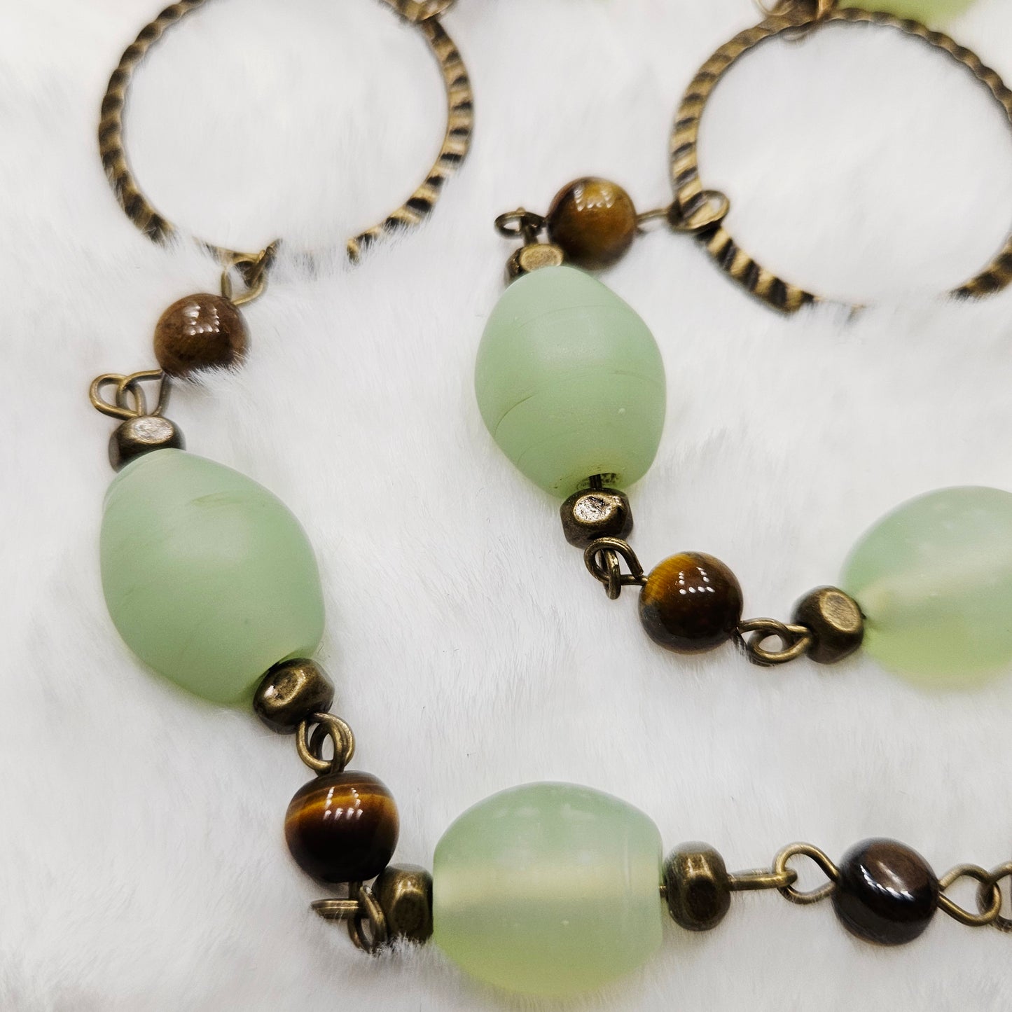 Tigers Eye and Green Frosted Glass Necklace in Antiqued Brass