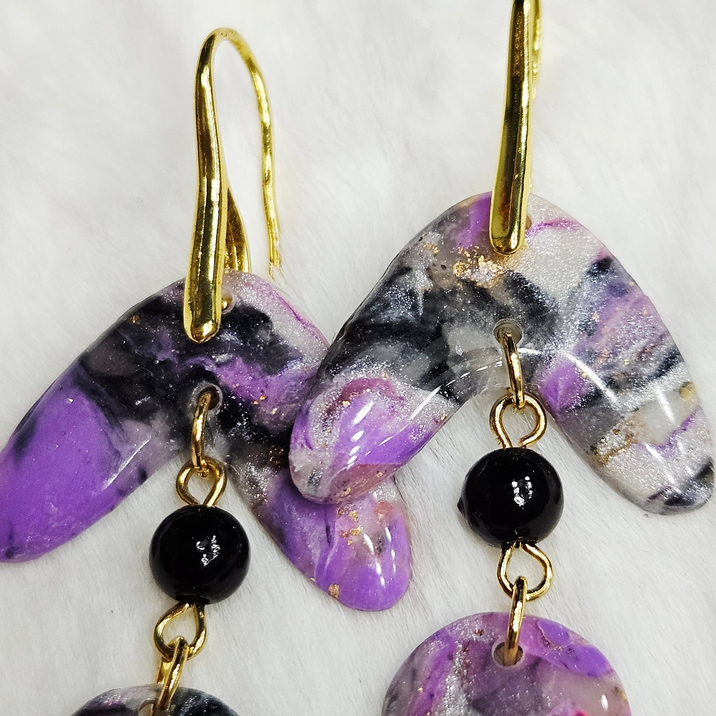 Purple Polymer Clay Marble Dangle Earrings in Gold with black bead