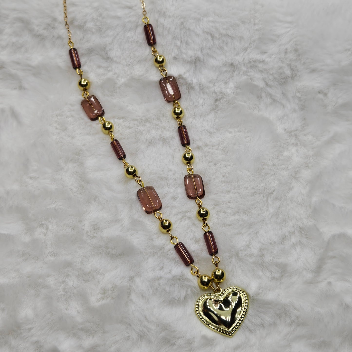 Gold Heart Pendant Necklace with Dark Mauve Glass Beaded Chain