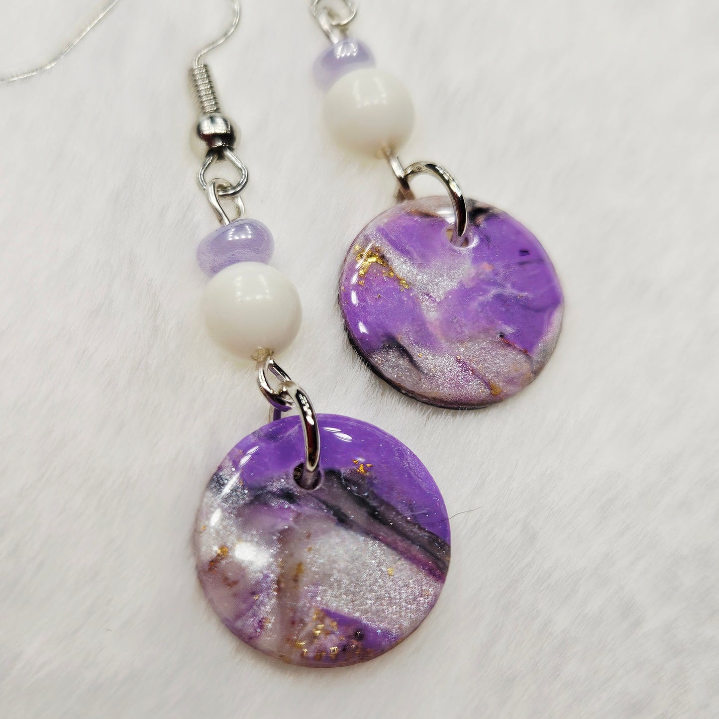 Purple Polymer Clay Marble with Gold Fleck Dangle Earrings in Gold or Silver