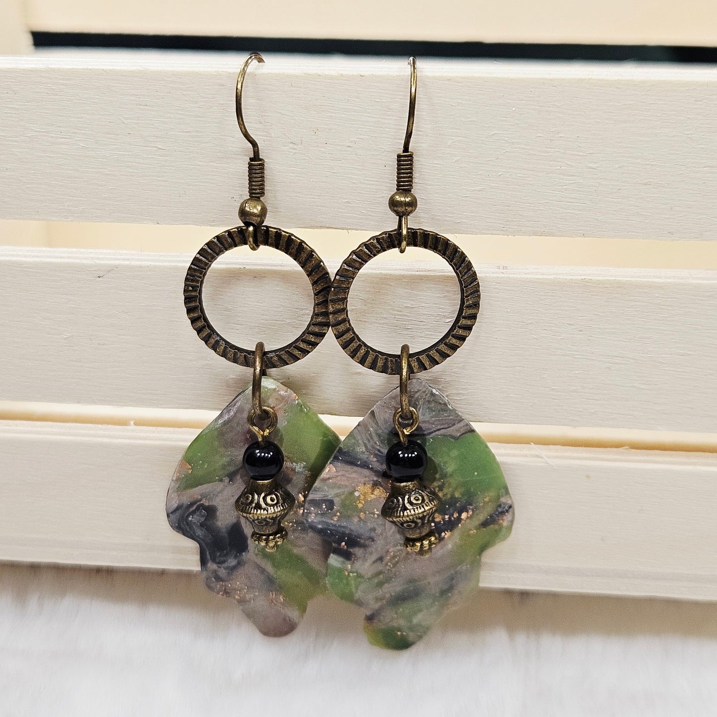 Lime Green Camouflage Leaf Polymer Clay Earrings with Antiqued Brass Hoops