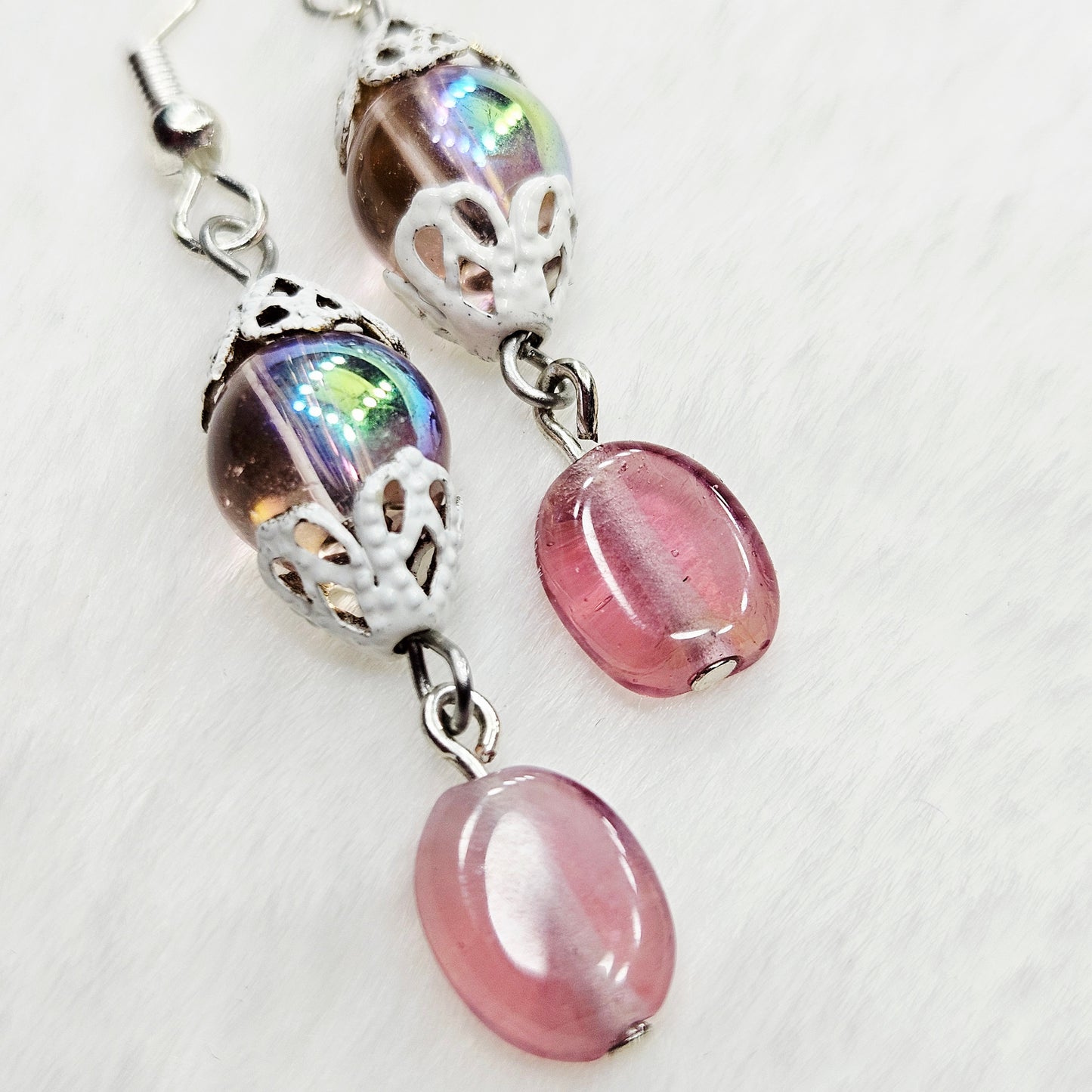 Pretty Pink Iridescent Glass Dangle Earrings with White Filigree Bell Caps - 2"