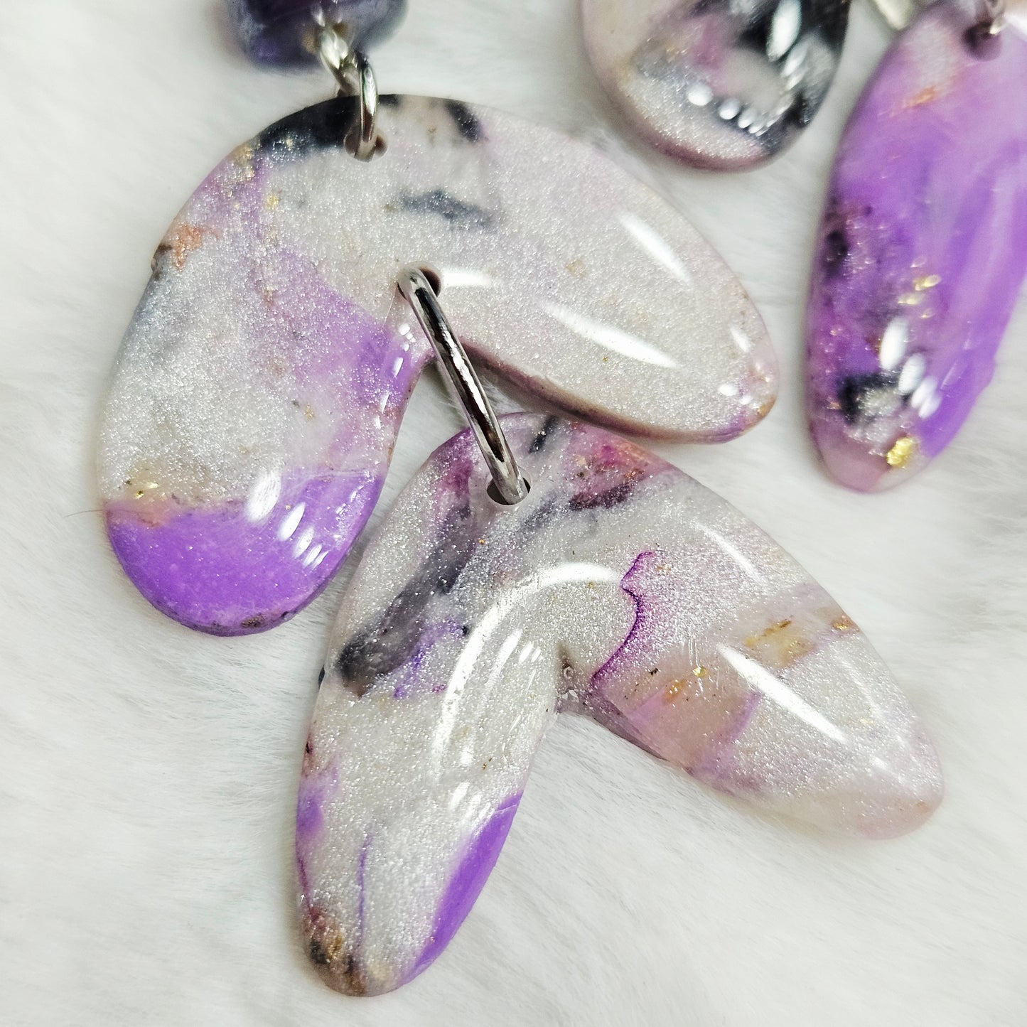 Purple Polymer Clay Marble Dangle Earrings with Purple Cylinder Glass in Silver