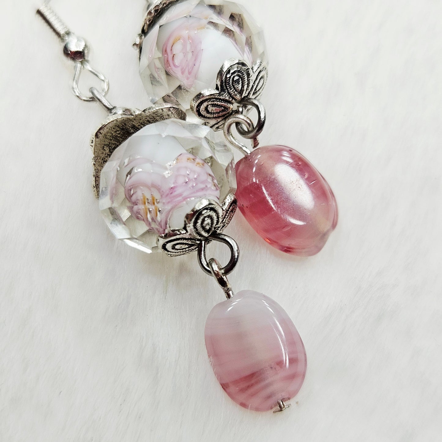 Hidden Flower Crystal Dangle Earrings with Pink Swirl Glass and Silver Flower Caps - 2"