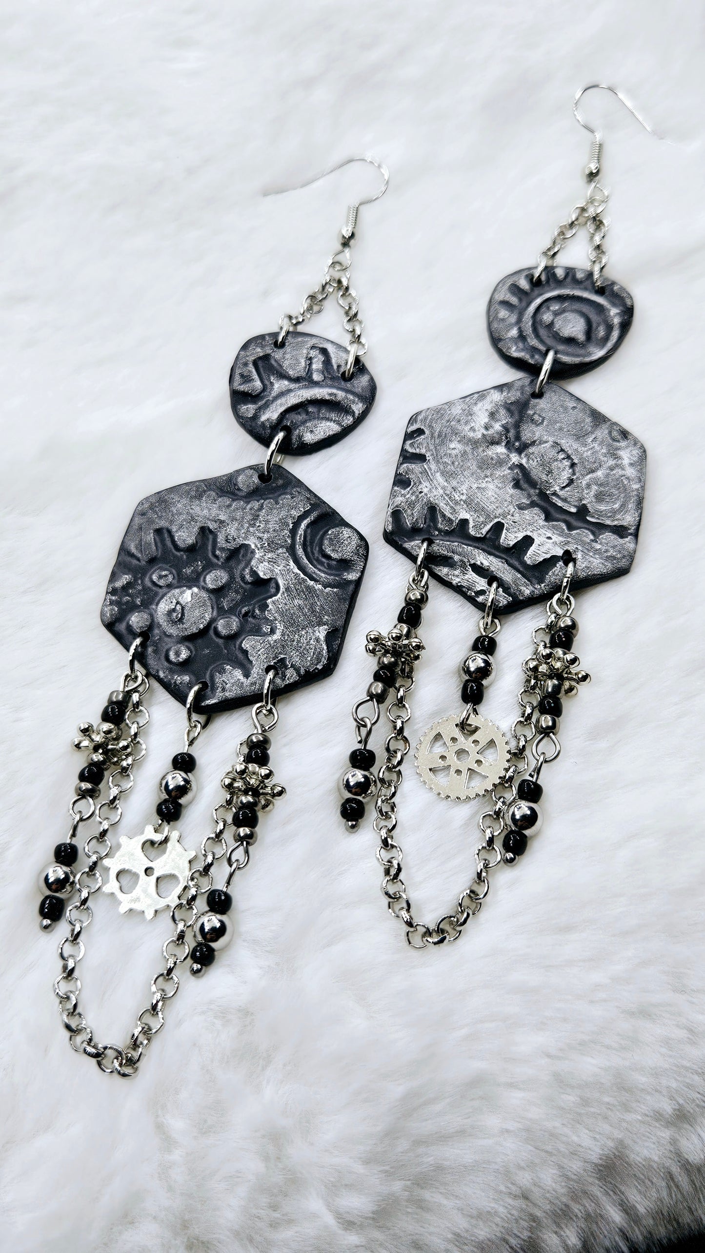 Pop, Lock, and Cog It Silver Steampunk Clay Dangle Earrings