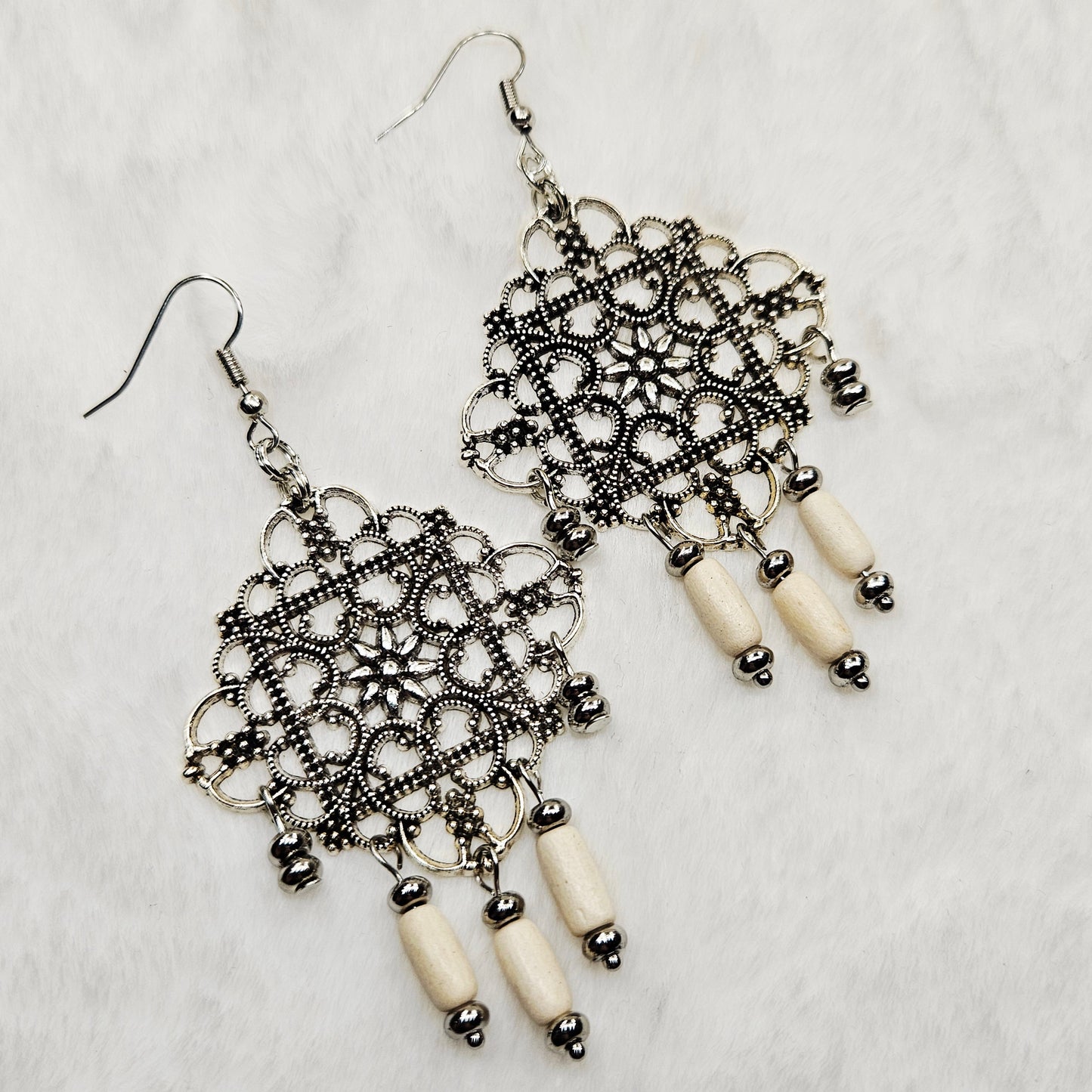 Square Antique Silver Tibetan Filigree Rhombus Chandelier Earrings with White Dangles